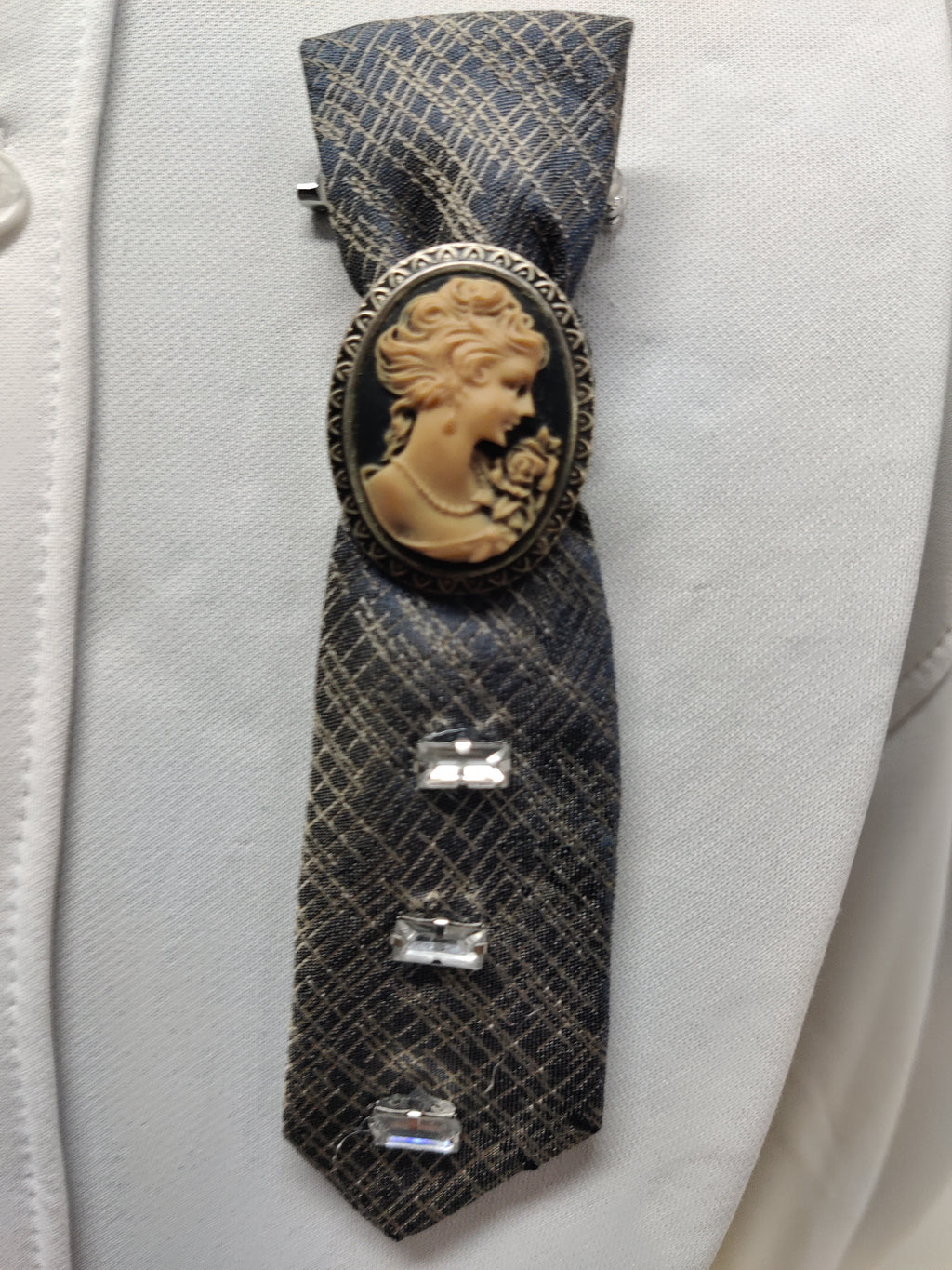Handmade Vintage Cameo Tie Brooch - Gray Plaid Fabric & Crystal Rhinestones - Victorian Style