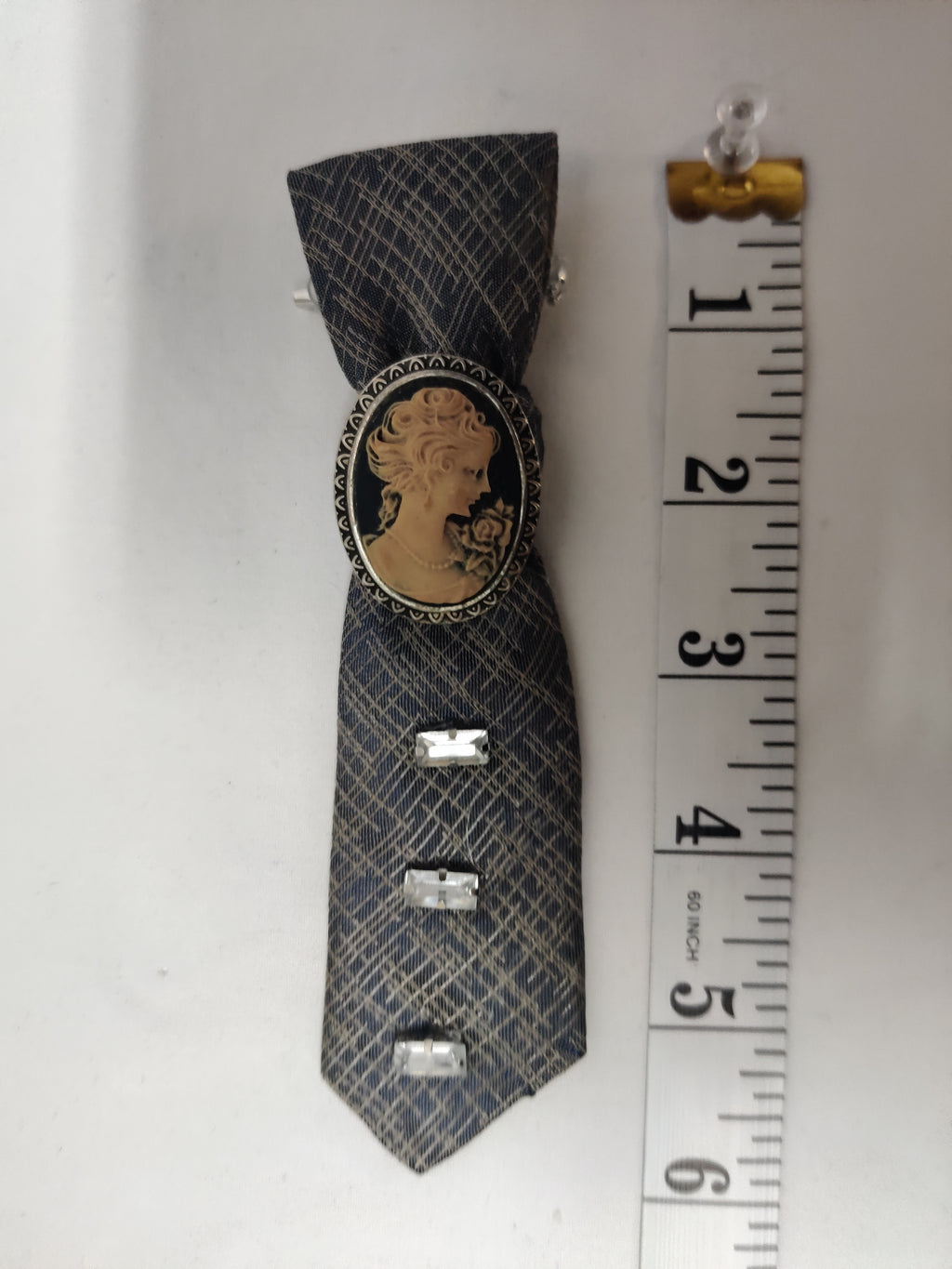 Handmade Vintage Cameo Tie Brooch - Gray Plaid Fabric & Crystal Rhinestones - Victorian Style