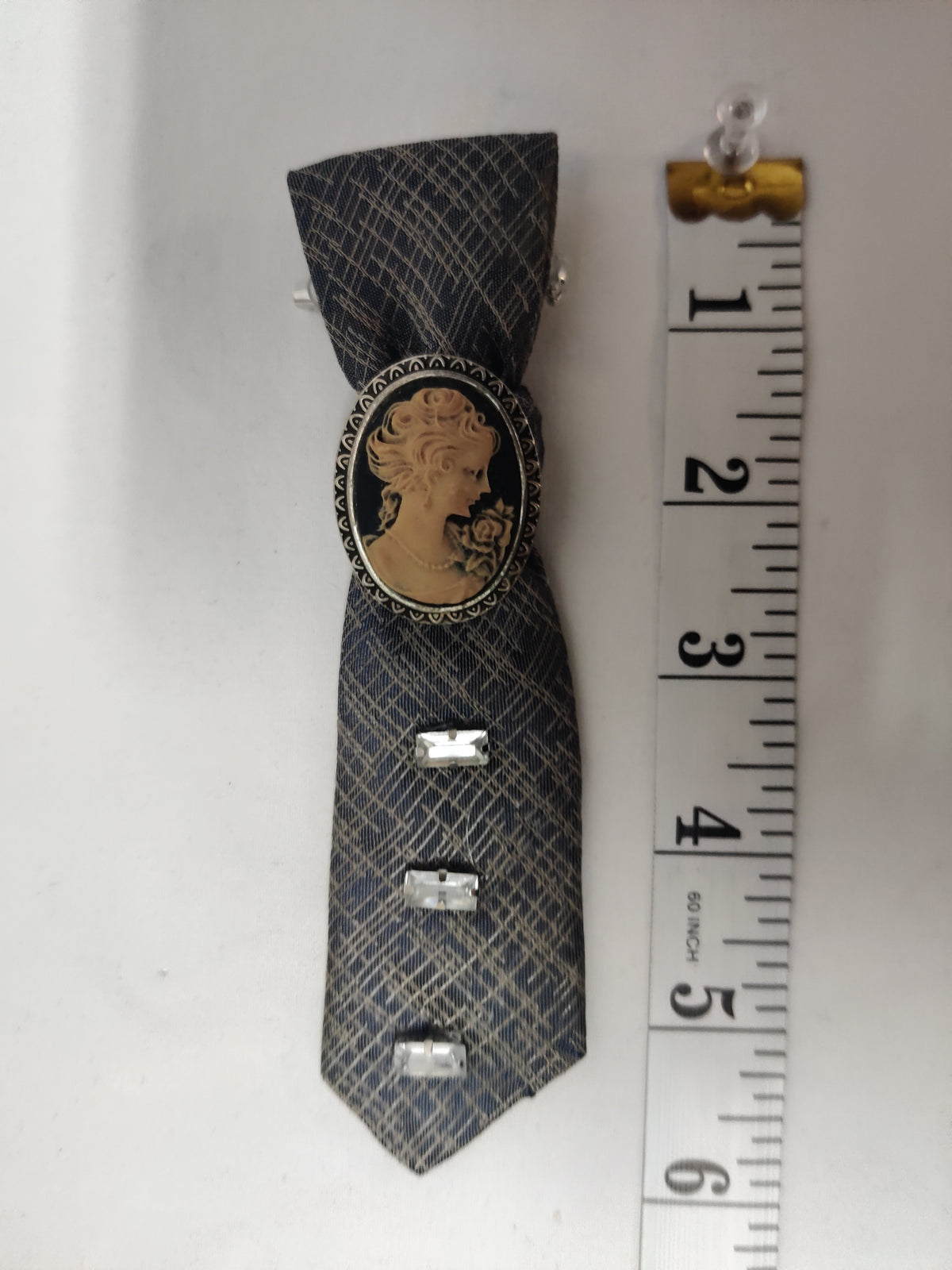 Handmade Vintage Cameo Tie Brooch - Gray Plaid Fabric & Crystal Rhinestones - Victorian Style