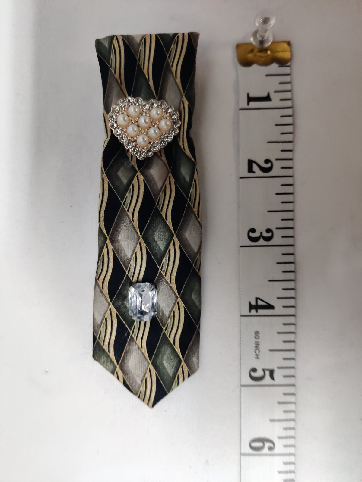 Handmade Black Gold Diamond Tie Brooch - Pearl Heart Cluster & Clear Crystal Lapel Pin