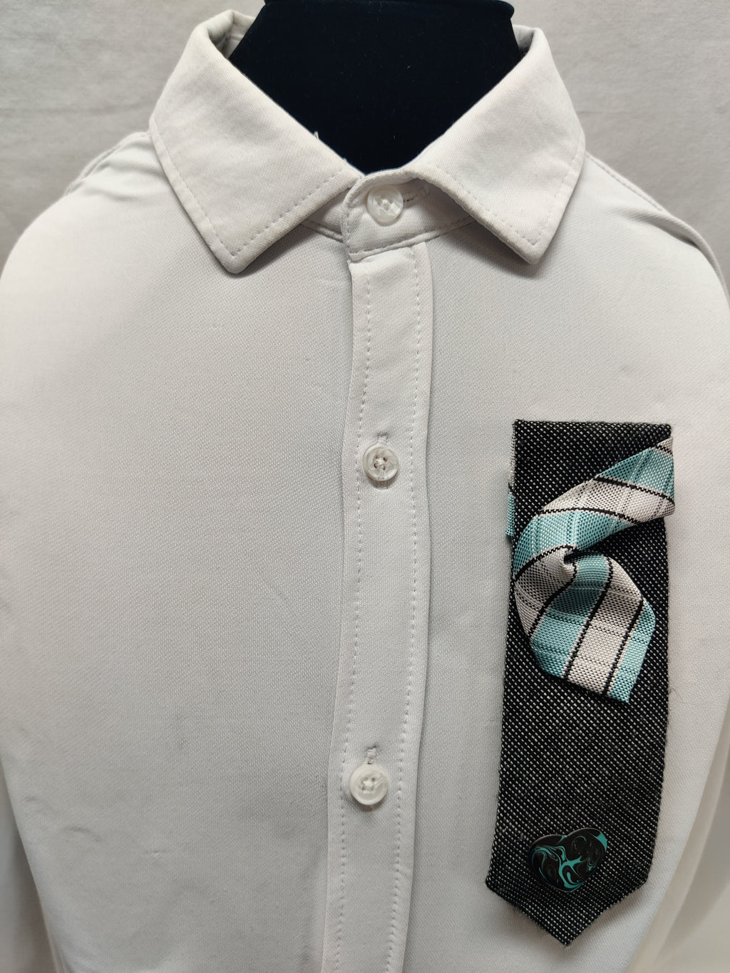 Handmade Black & Aqua Tie Brooch - Double Layer Tie Design & Turquoise Swirl Heart