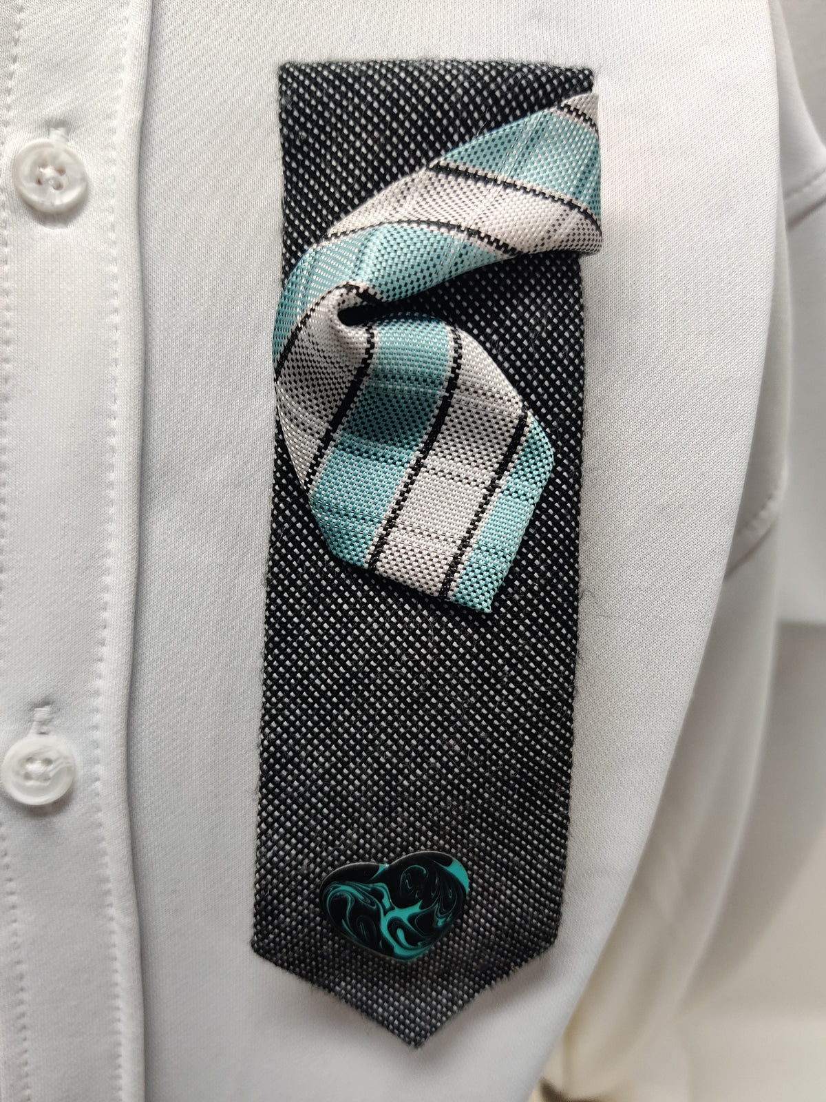 Handmade Black & Aqua Tie Brooch - Double Layer Tie Design & Turquoise Swirl Heart