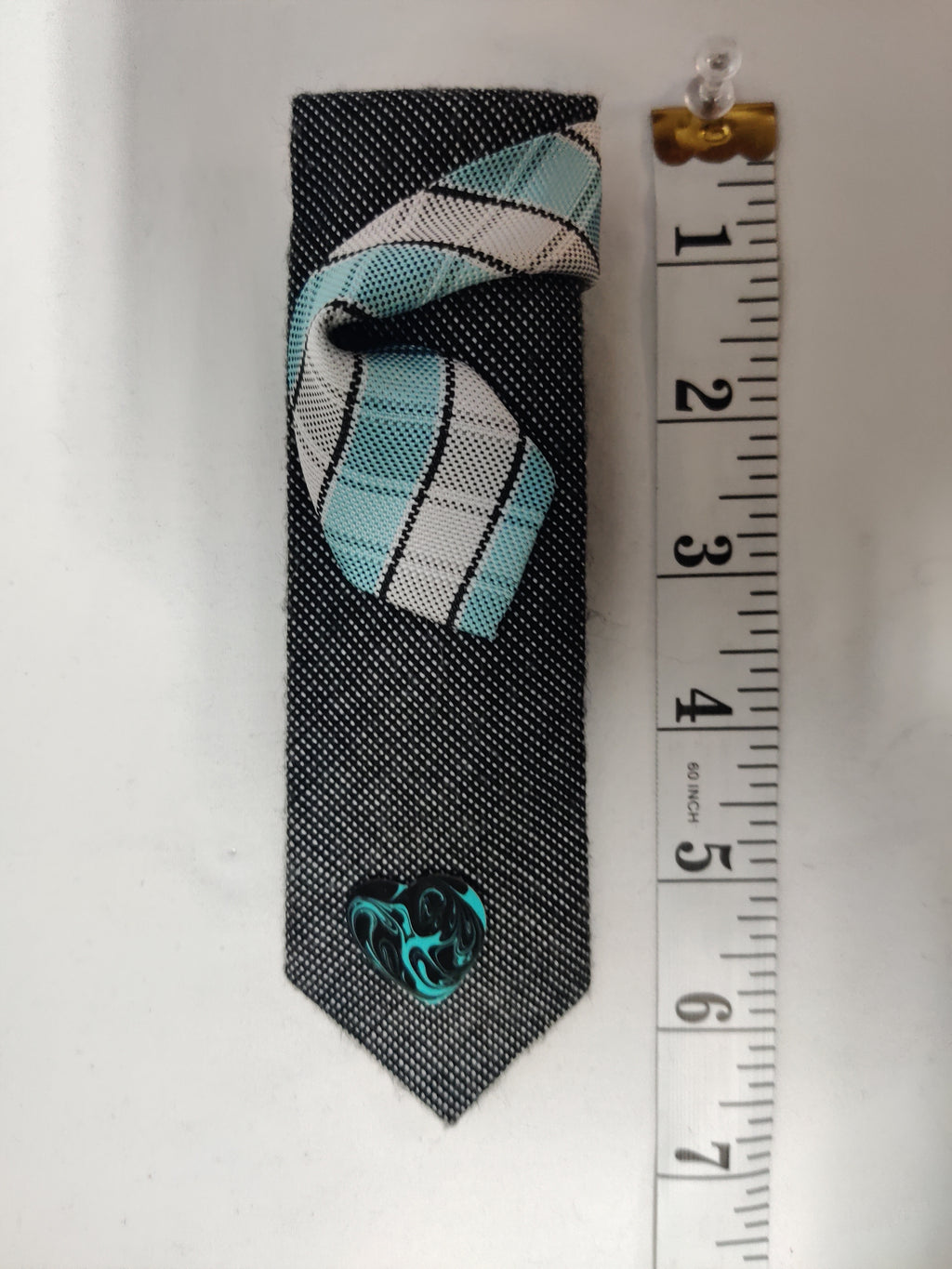 Handmade Black & Aqua Tie Brooch - Double Layer Tie Design & Turquoise Swirl Heart