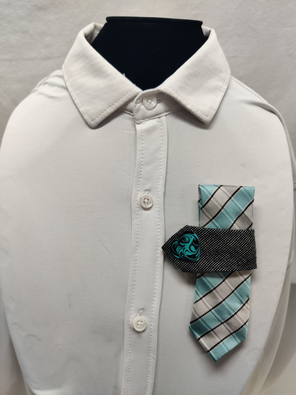 Handmade Aqua Plaid Tie Brooch - Black Houndstooth Fold & Turquoise Swirl Heart - 2-in-1