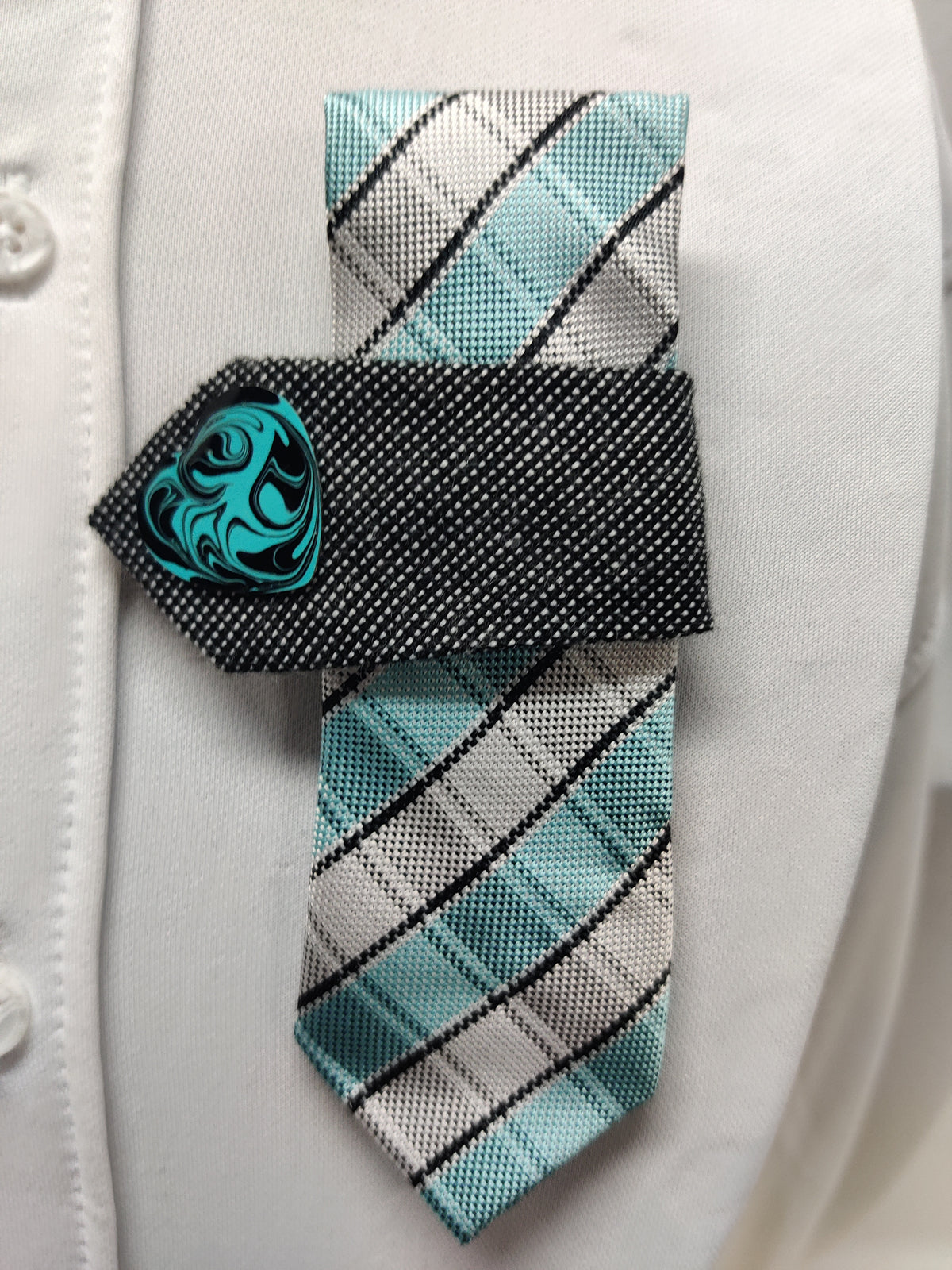 Handmade Aqua Plaid Tie Brooch - Black Houndstooth Fold & Turquoise Swirl Heart - 2-in-1