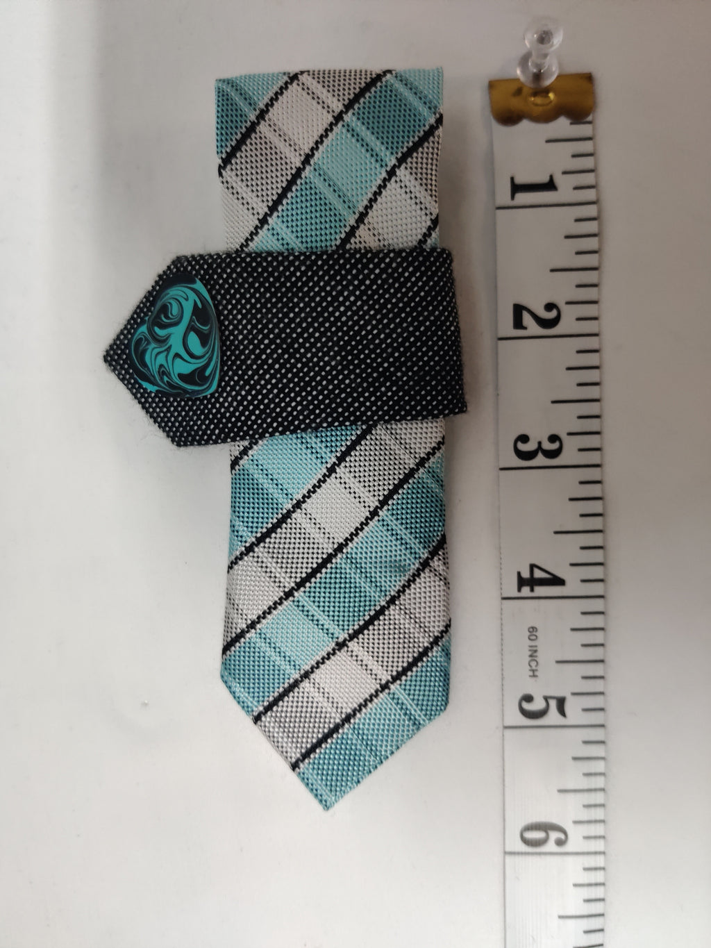Handmade Aqua Plaid Tie Brooch - Black Houndstooth Fold & Turquoise Swirl Heart - 2-in-1