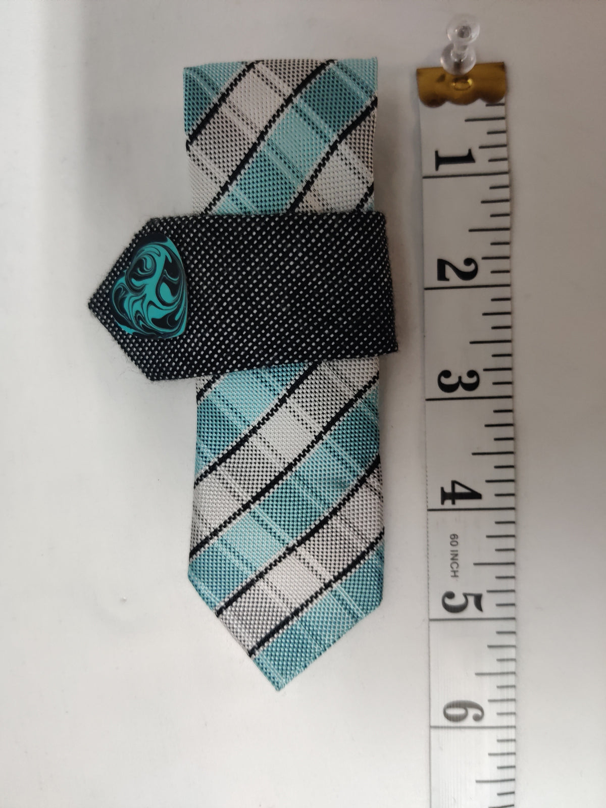 Handmade Aqua Plaid Tie Brooch - Black Houndstooth Fold & Turquoise Swirl Heart - 2-in-1