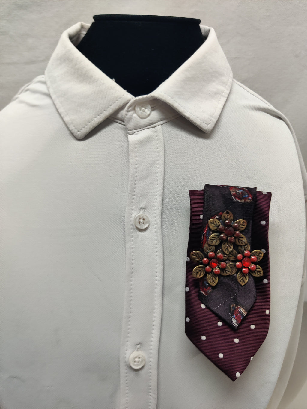 Handmade Burgundy Polka Dot Tie Brooch - Vintage Bronze Triple Flower & Red Crystal - Double Layer