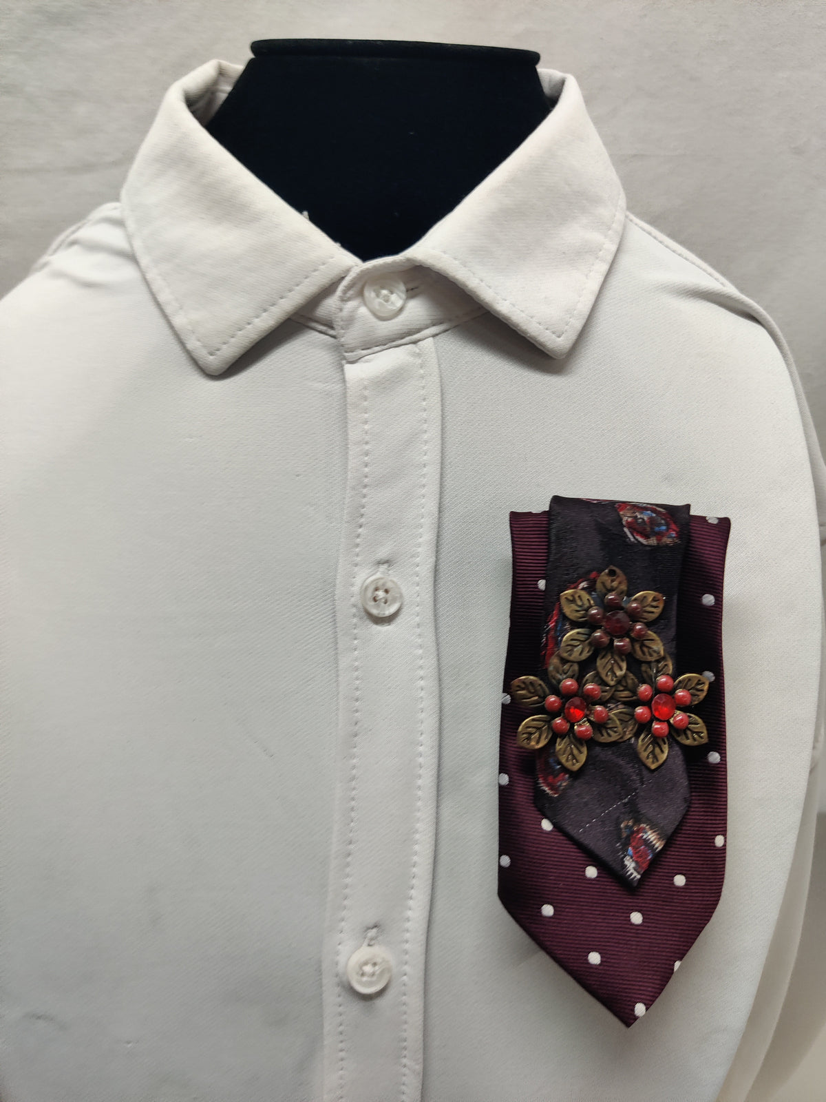 Handmade Burgundy Polka Dot Tie Brooch - Vintage Bronze Triple Flower & Red Crystal - Double Layer