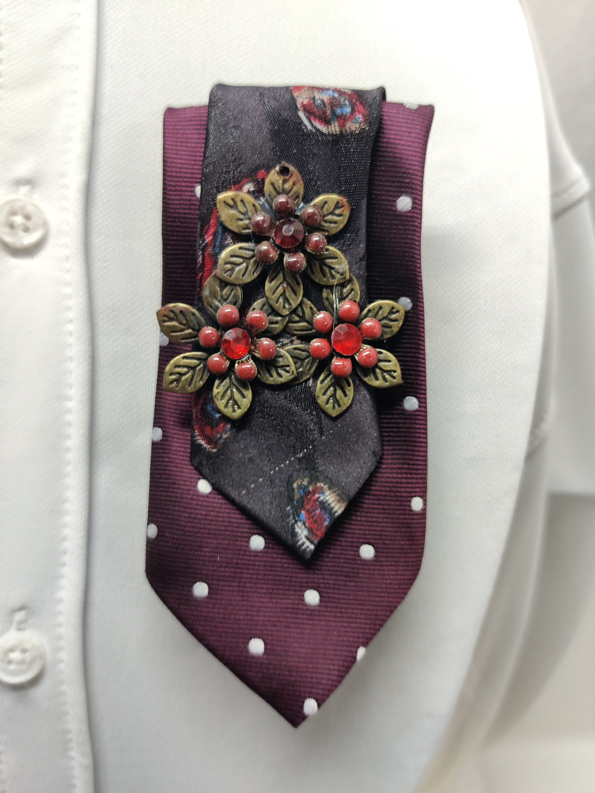 Handmade Burgundy Polka Dot Tie Brooch - Vintage Bronze Triple Flower & Red Crystal - Double Layer