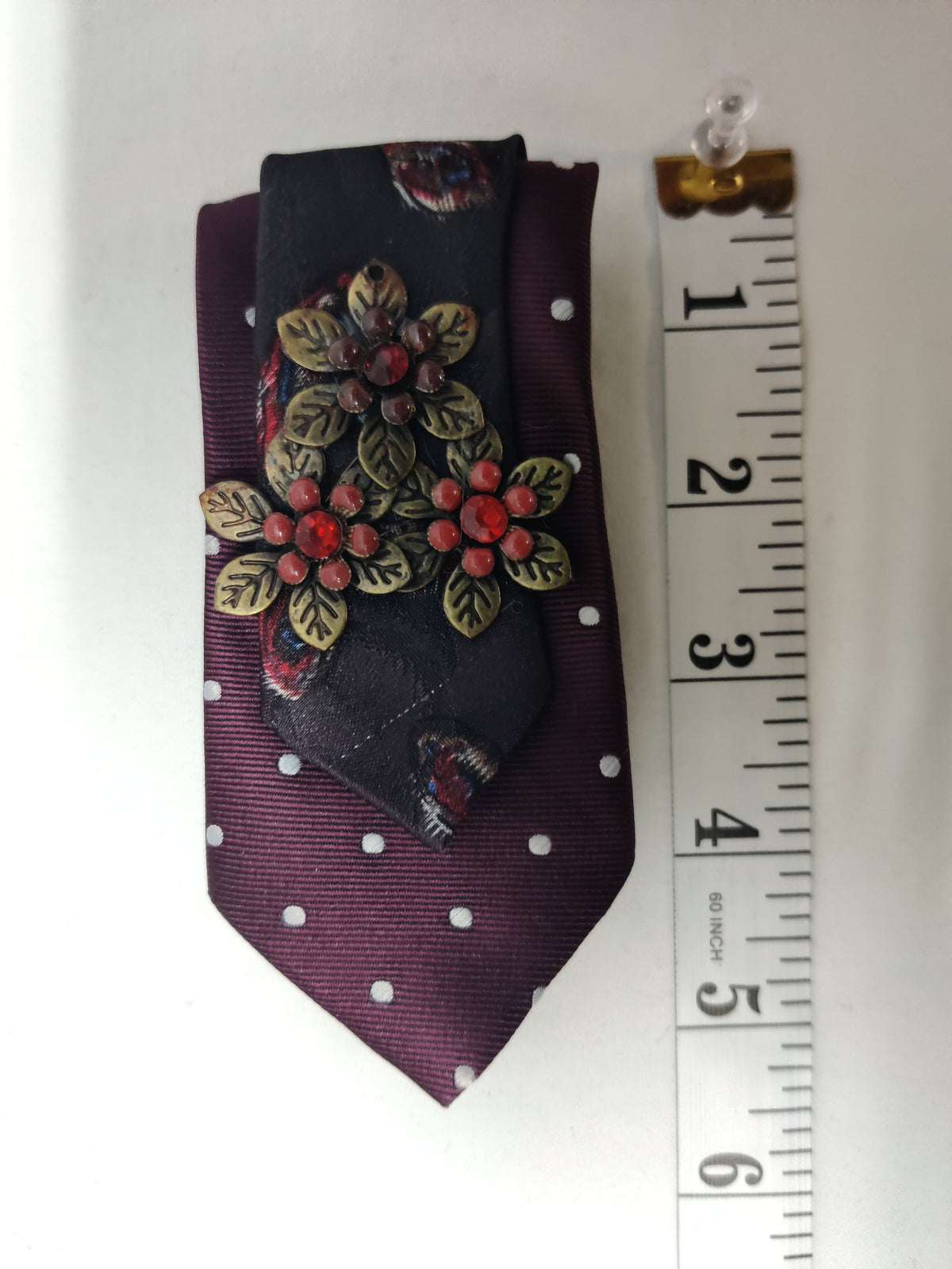 Handmade Burgundy Polka Dot Tie Brooch - Vintage Bronze Triple Flower & Red Crystal - Double Layer