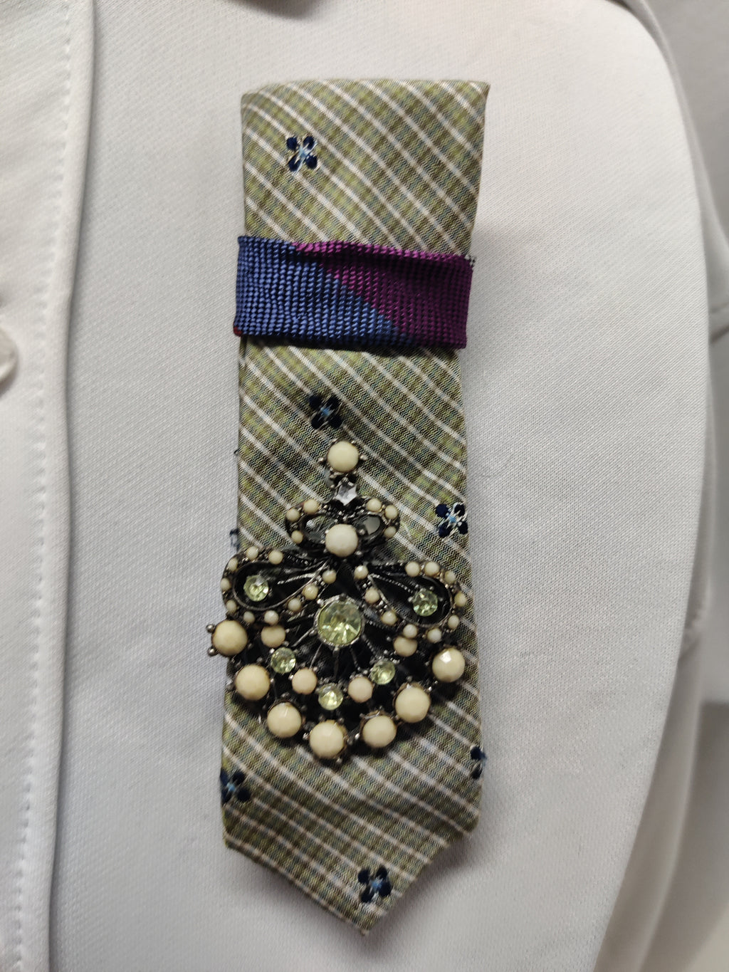 Handmade Green Striped Tie Brooch - Vintage Royal Crown Pearl & Crystal Cluster - Statement Piece