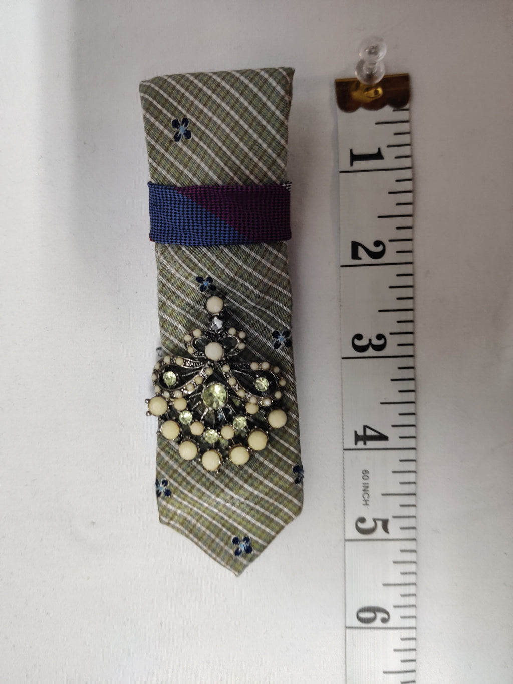 Handmade Green Striped Tie Brooch - Vintage Royal Crown Pearl & Crystal Cluster - Statement Piece
