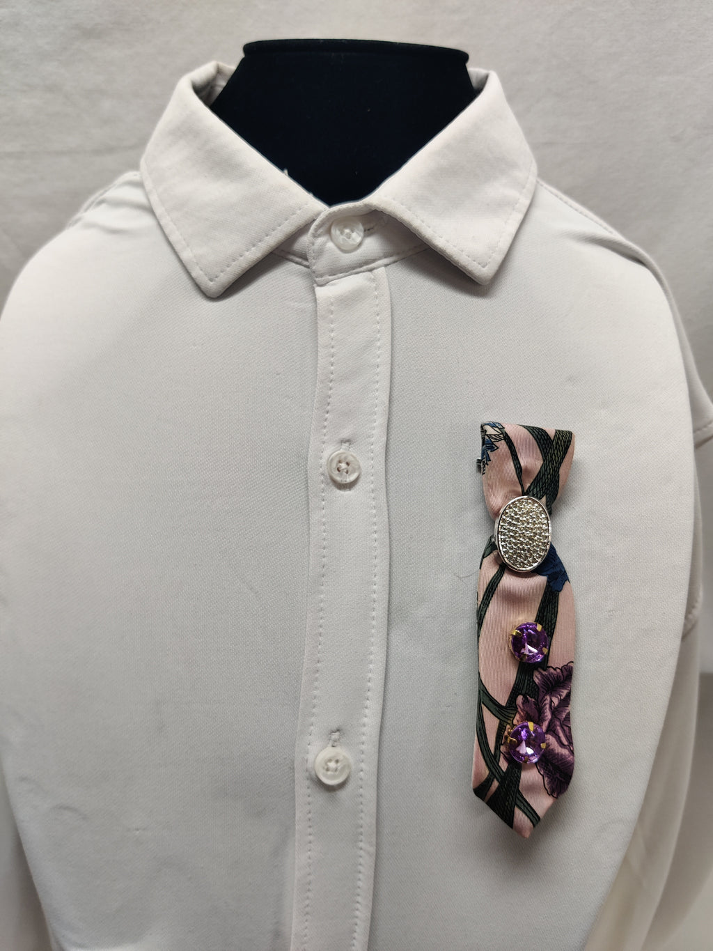 Handmade Women's Fabric Neck Tie Jabot Purple Floral Rhinestone Brooch Pin