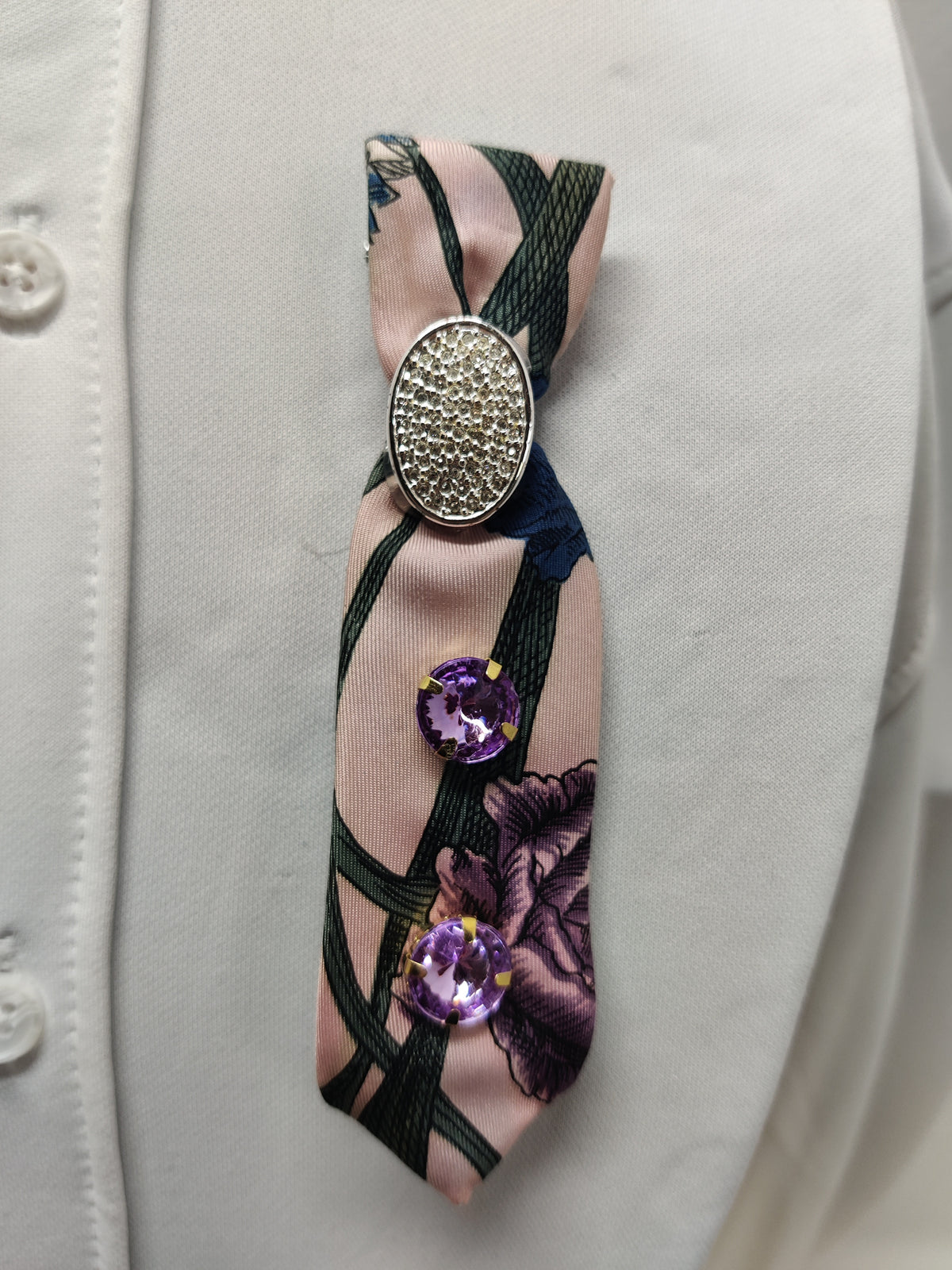 Handmade Women's Fabric Neck Tie Jabot Purple Floral Rhinestone Brooch Pin