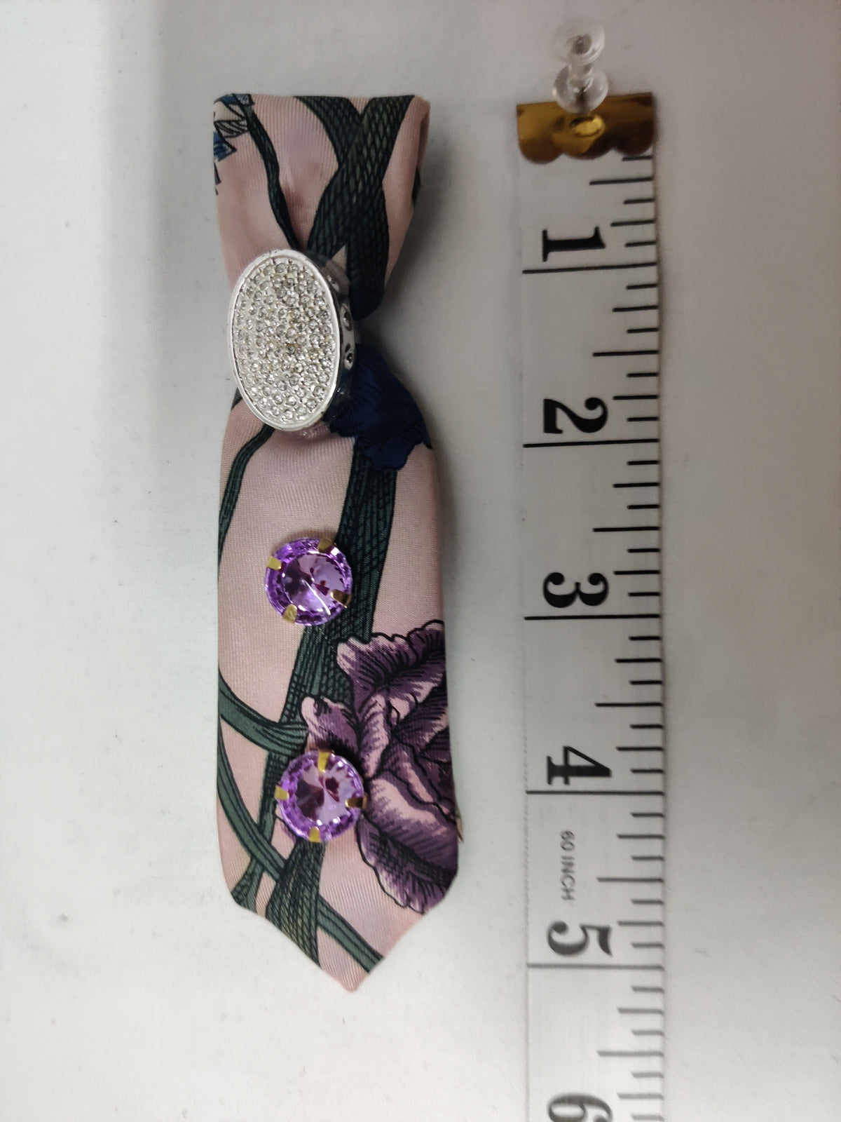 Handmade Women's Fabric Neck Tie Jabot Purple Floral Rhinestone Brooch Pin