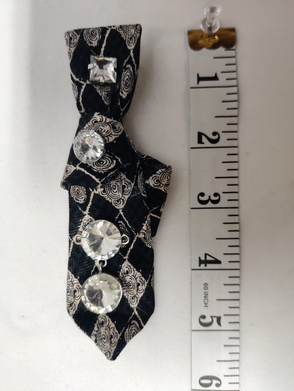 Handmade Women's Jabot Neck Tie Black Beige Crystal Rhinestone Brooch Elegant