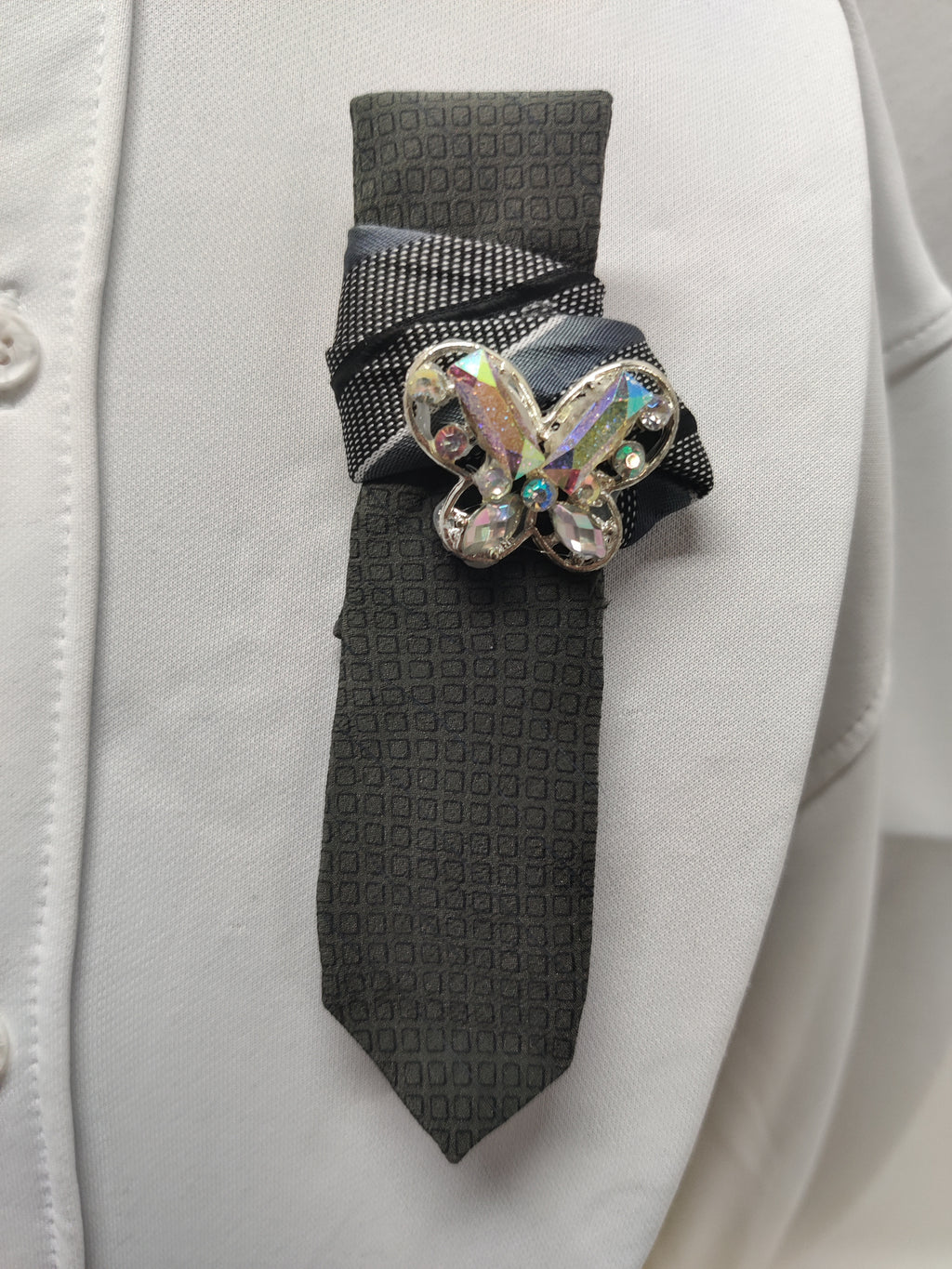 Handmade Women's Jabot Neck Tie Gray Butterfly Rhinestone Brooch Elegant