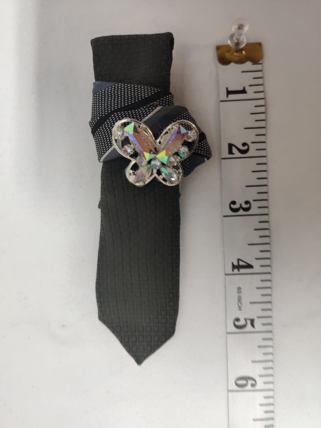 Handmade Women's Jabot Neck Tie Gray Butterfly Rhinestone Brooch Elegant
