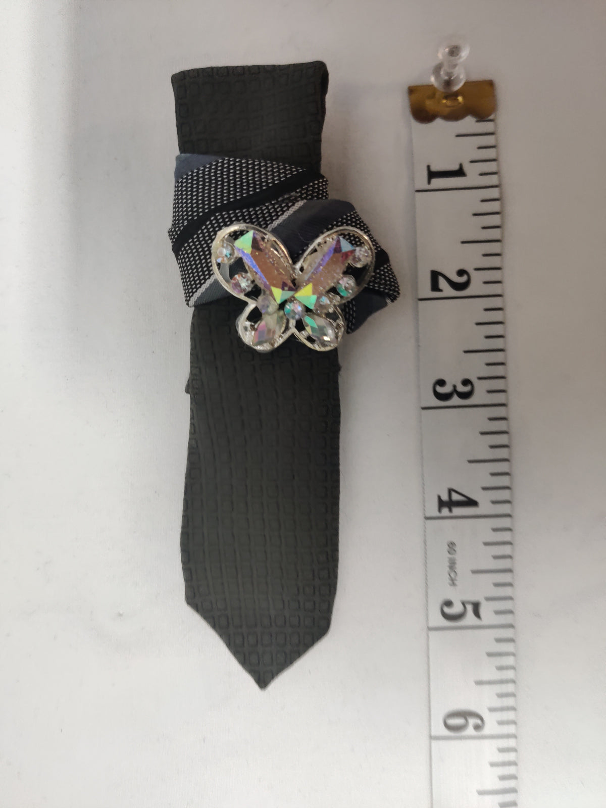 Handmade Women's Jabot Neck Tie Gray Butterfly Rhinestone Brooch Elegant