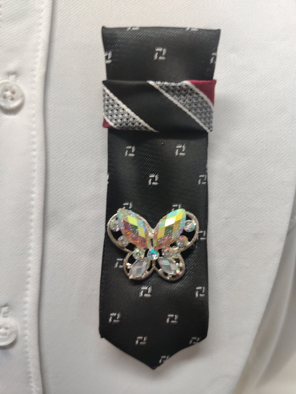 Handmade Women's Jabot Neck Tie Black Butterfly Crystal Brooch Formal