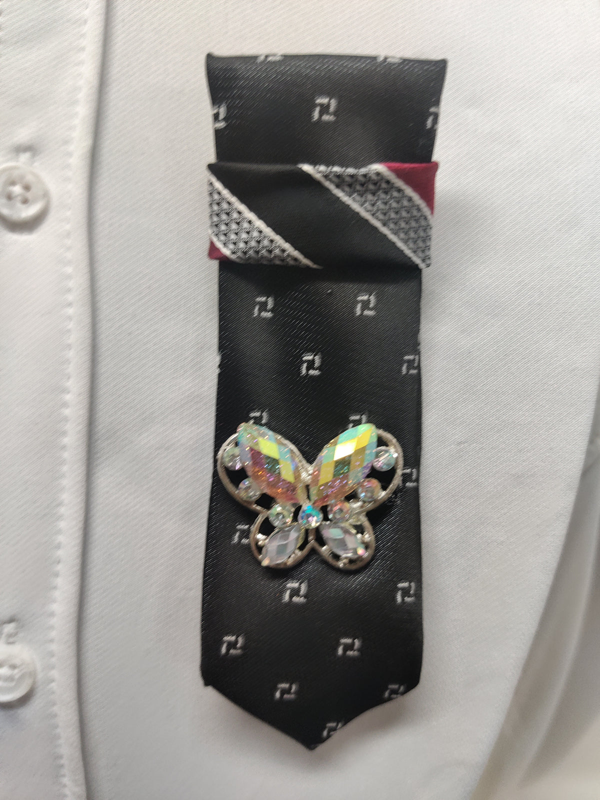 Handmade Women's Jabot Neck Tie Black Butterfly Crystal Brooch Formal