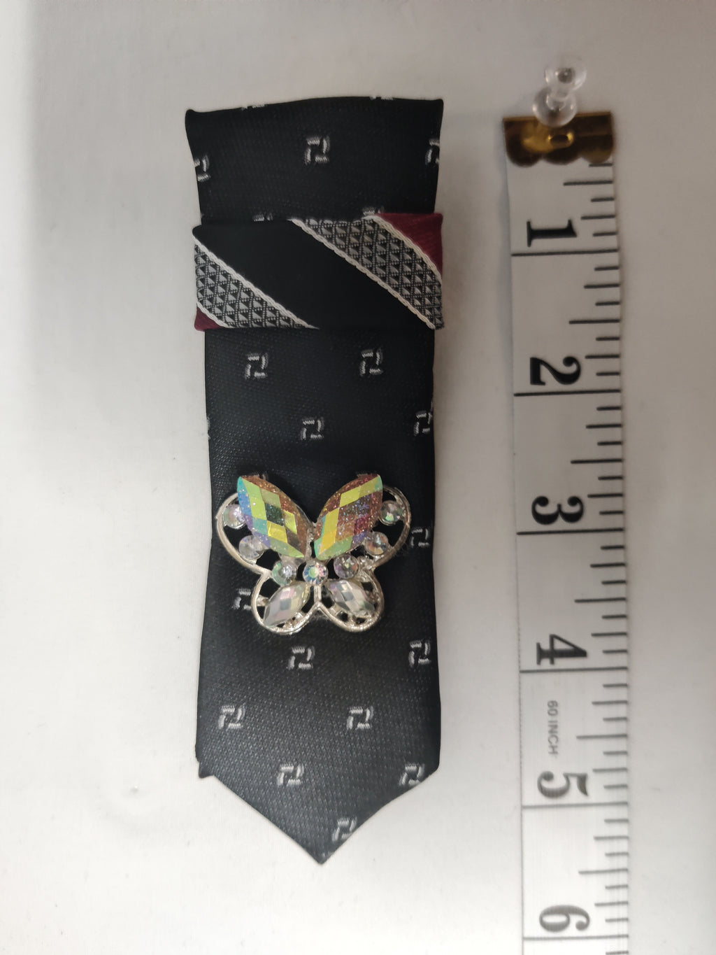 Handmade Women's Jabot Neck Tie Black Butterfly Crystal Brooch Formal