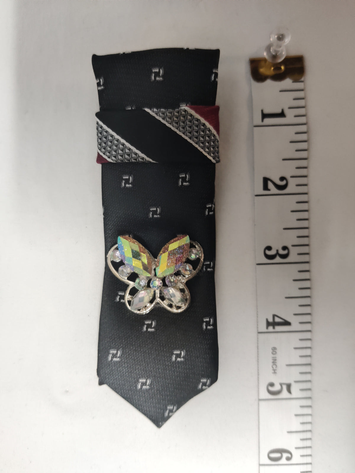 Handmade Women's Jabot Neck Tie Black Butterfly Crystal Brooch Formal