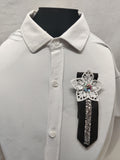 Handmade Black & Silver Tie Brooch - White Lace Flower Crystal Lapel Pin