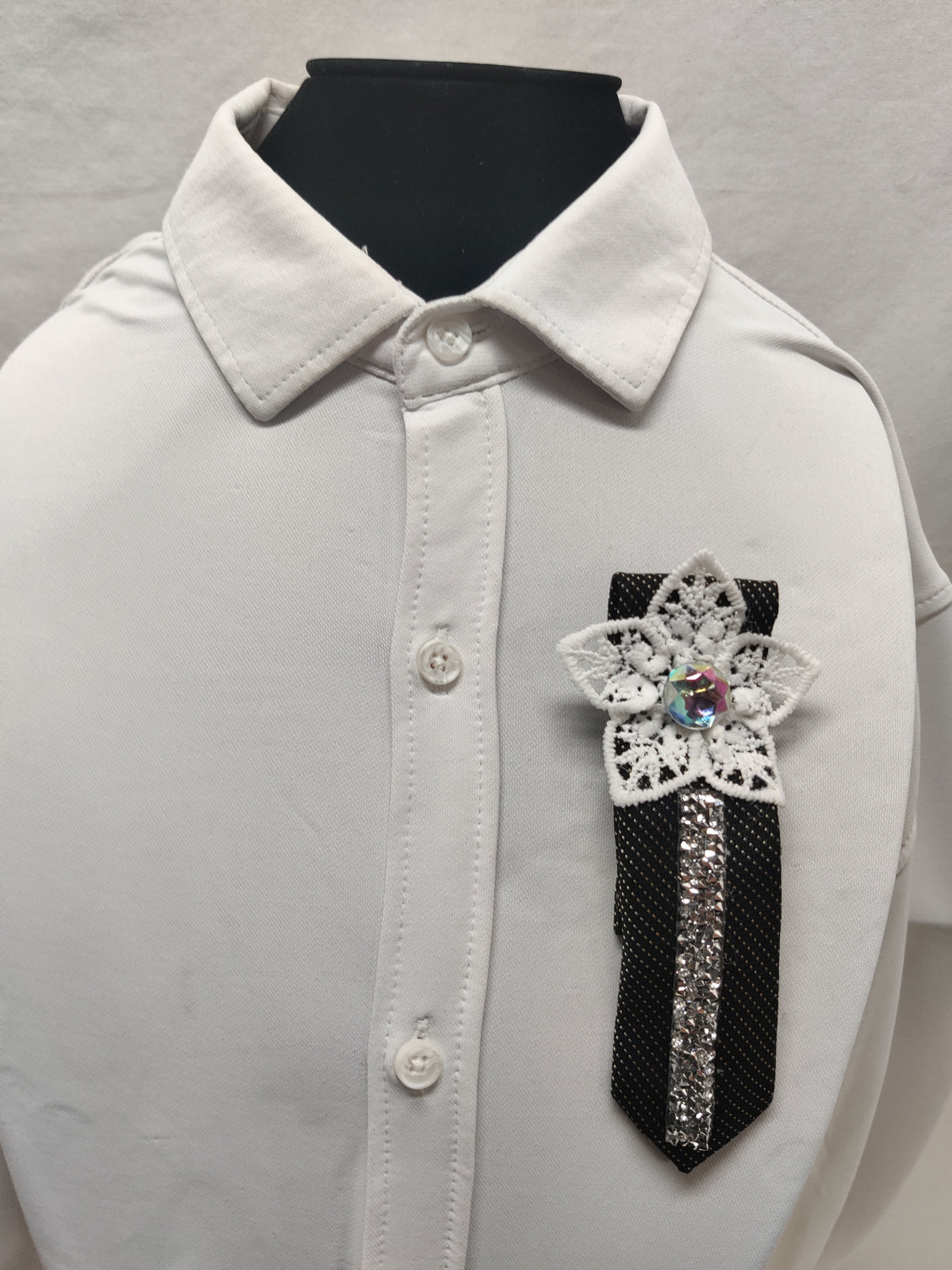 Handmade Black & Silver Tie Brooch - White Lace Flower Crystal Lapel Pin