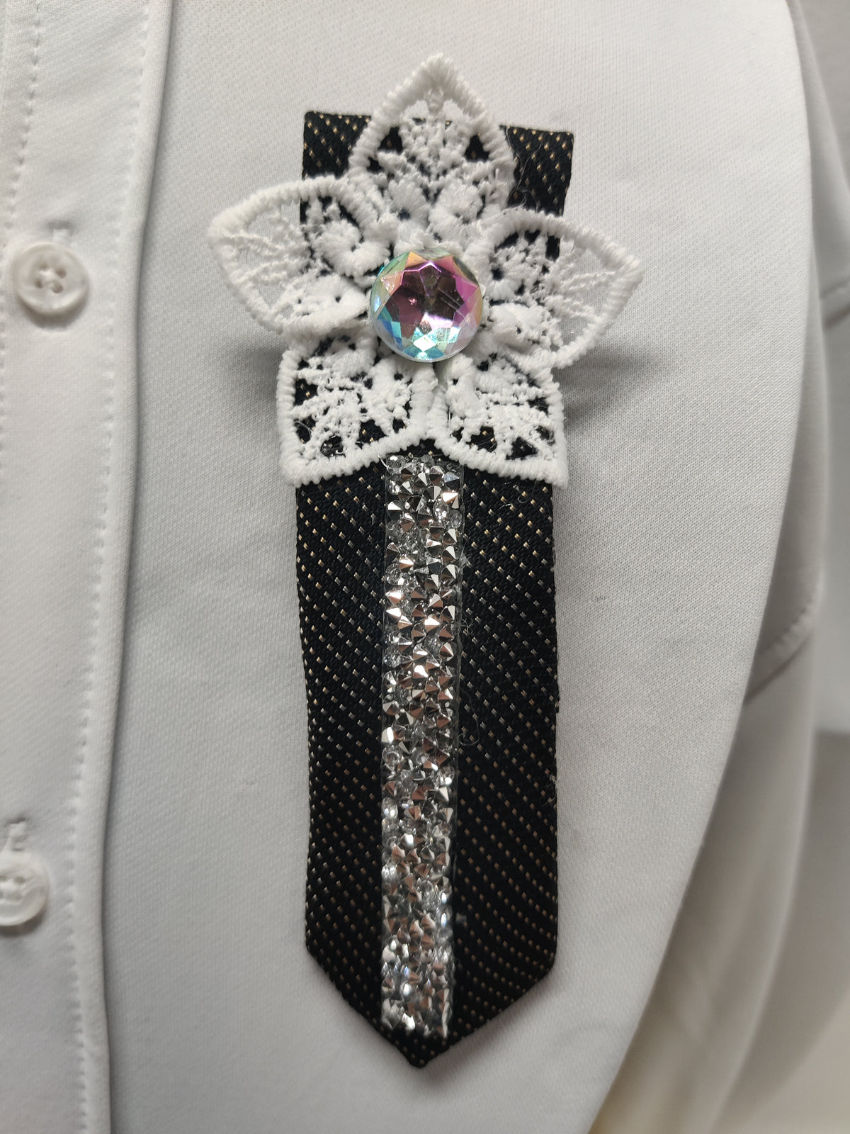Handmade Black & Silver Tie Brooch - White Lace Flower Crystal Lapel Pin