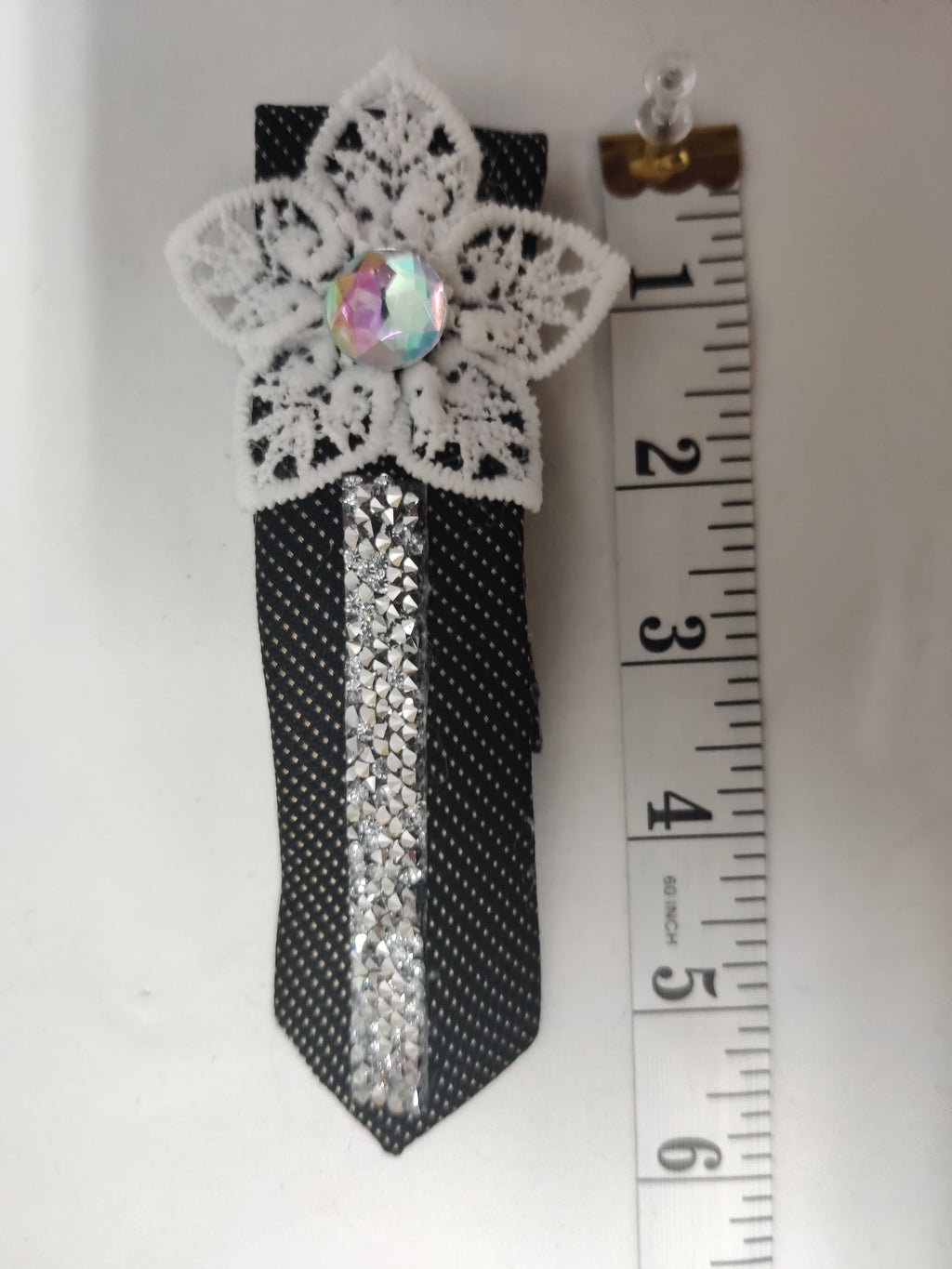 Handmade Black & Silver Tie Brooch - White Lace Flower Crystal Lapel Pin