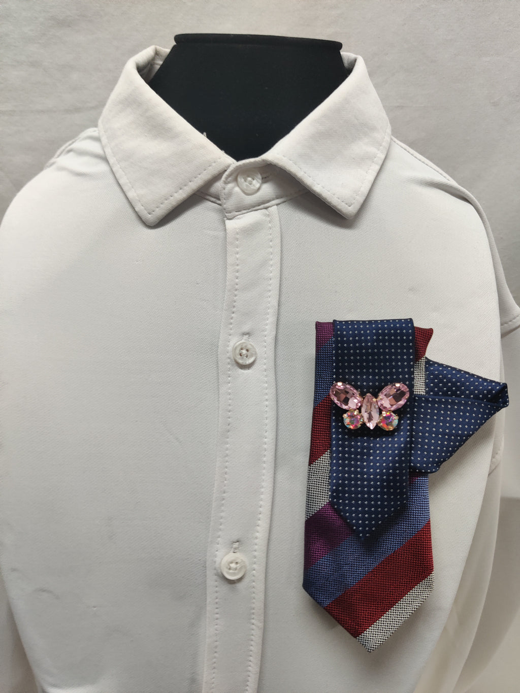 Handmade Women's Jabot Neck Tie Navy Blue Striped Pink Butterfly Brooch