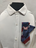 Handmade Women's Jabot Neck Tie Navy Blue Striped Pink Butterfly Brooch