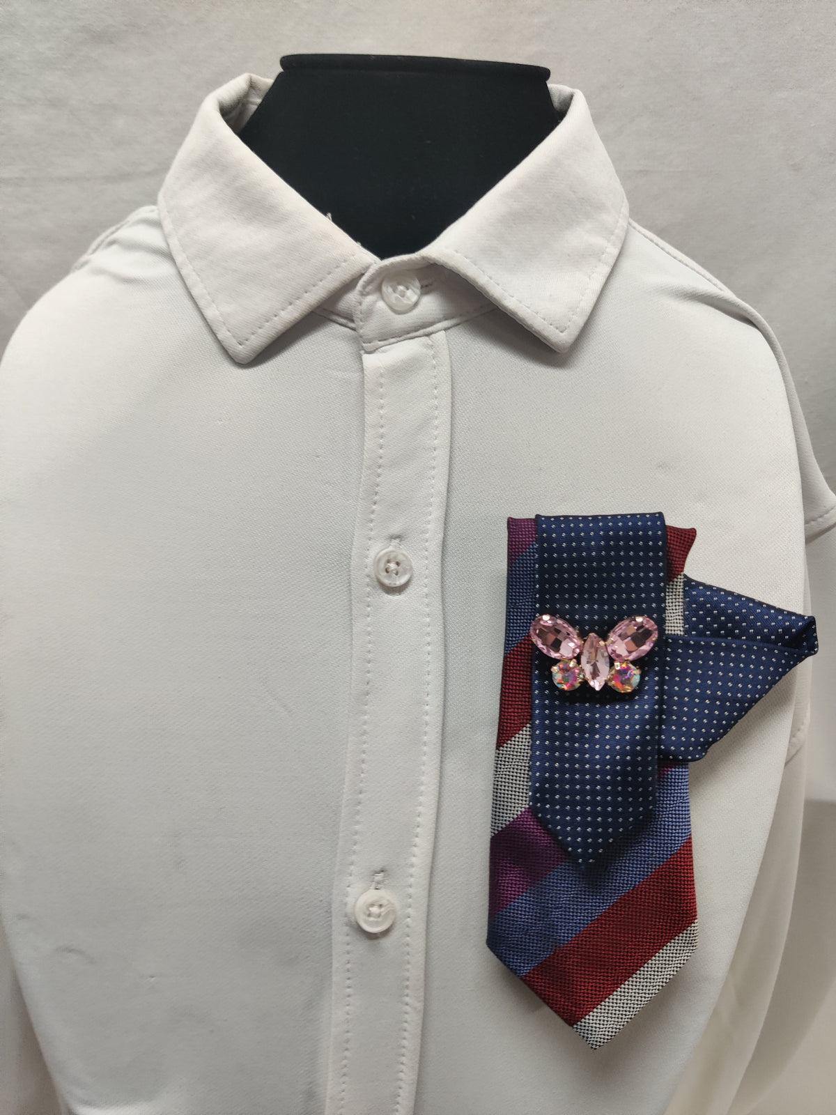 Handmade Women's Jabot Neck Tie Navy Blue Striped Pink Butterfly Brooch