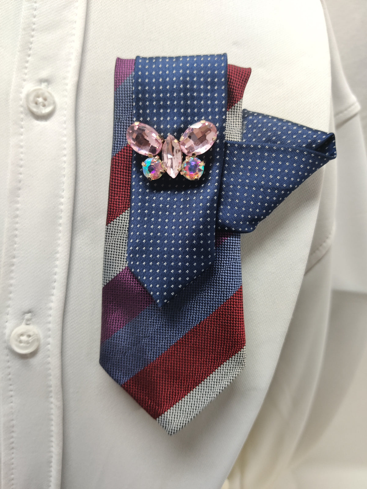 Handmade Women's Jabot Neck Tie Navy Blue Striped Pink Butterfly Brooch