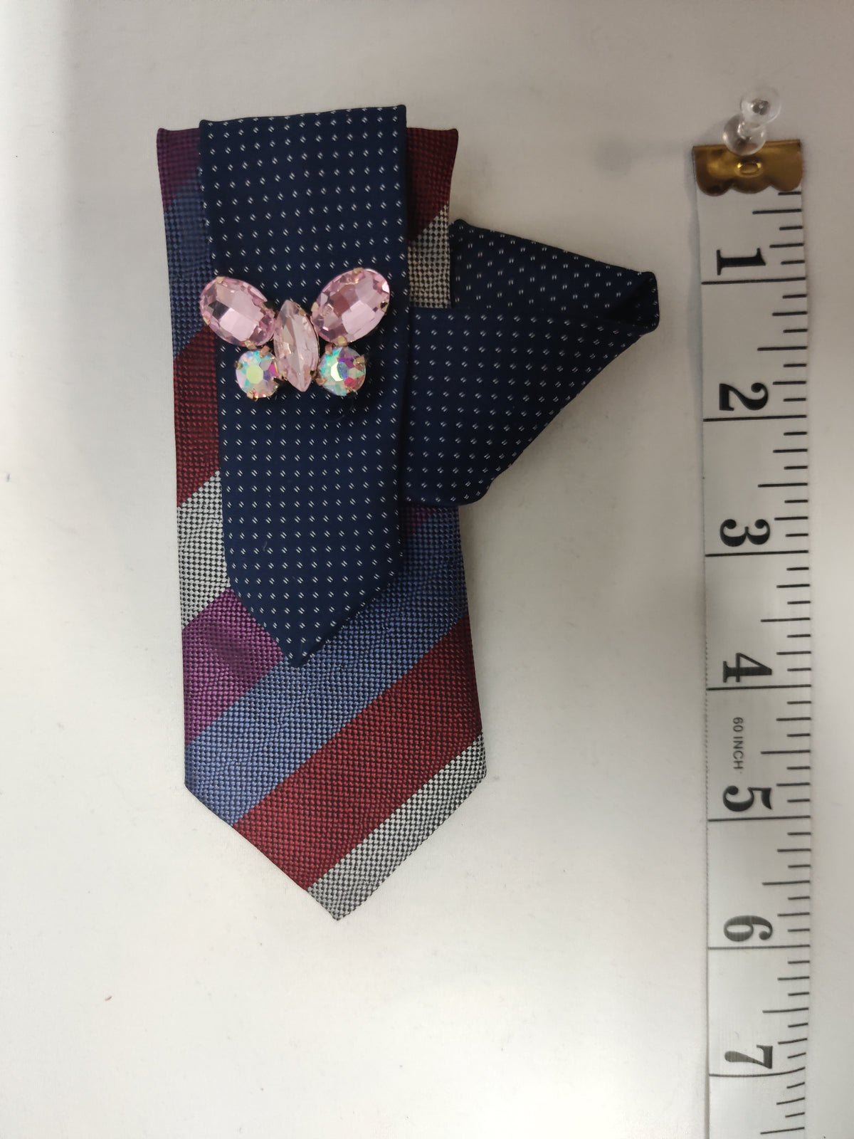 Handmade Women's Jabot Neck Tie Navy Blue Striped Pink Butterfly Brooch