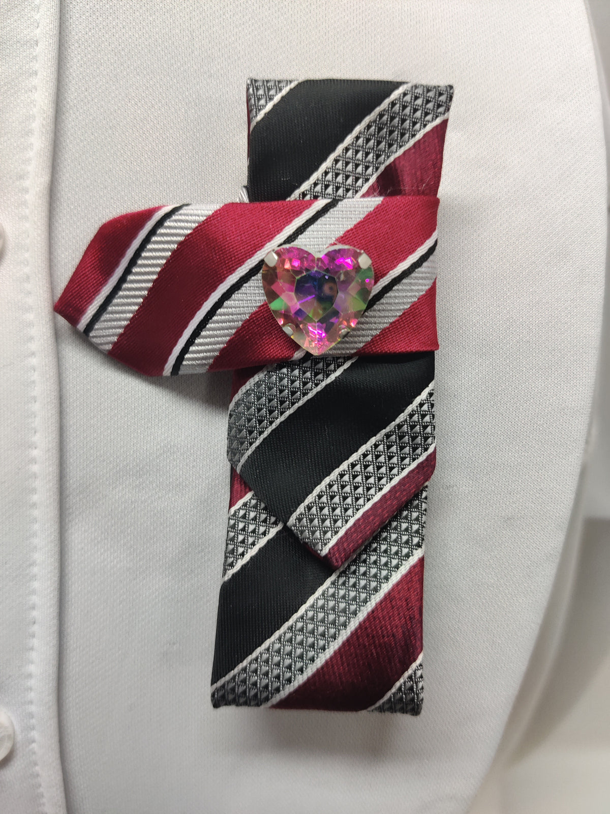 Handmade Women's Jabot Neck Tie Red Black Striped Heart Crystal Brooch