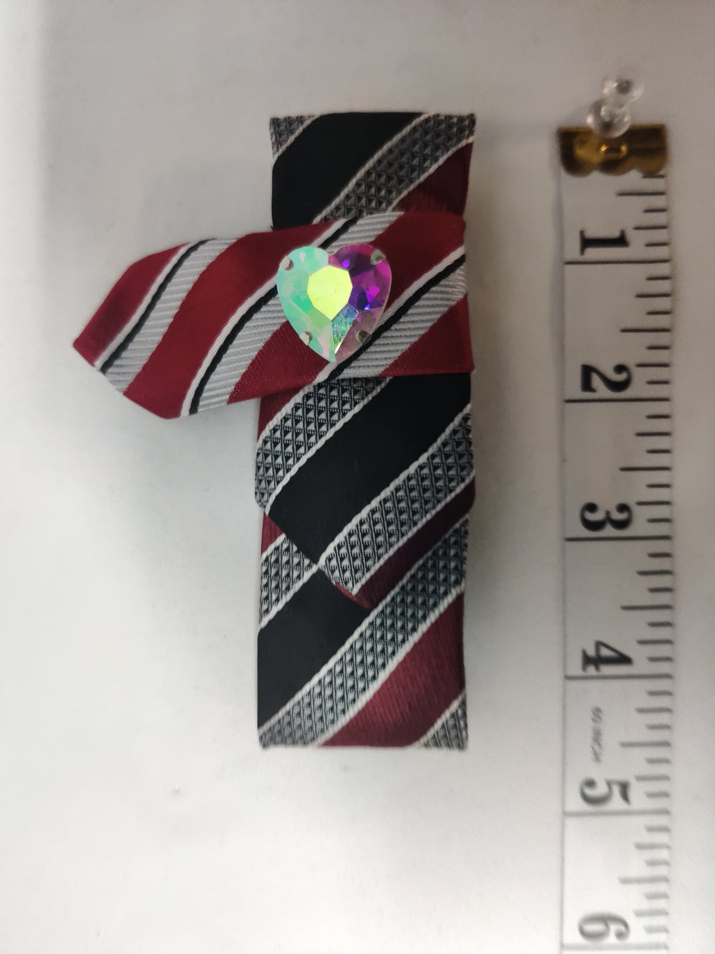 Handmade Women's Jabot Neck Tie Red Black Striped Heart Crystal Brooch