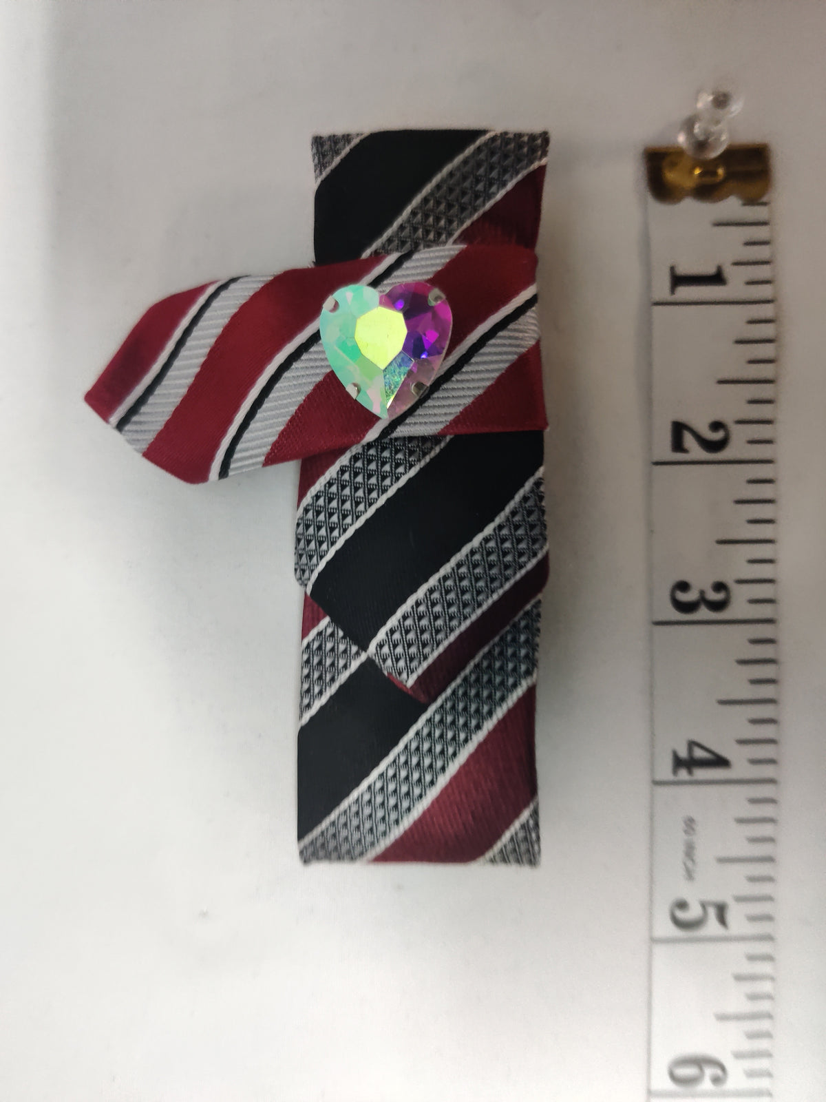 Handmade Women's Jabot Neck Tie Red Black Striped Heart Crystal Brooch