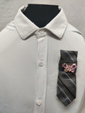 Handmade Women's Jabot Neck Tie Gray Striped Pink Butterfly Brooch