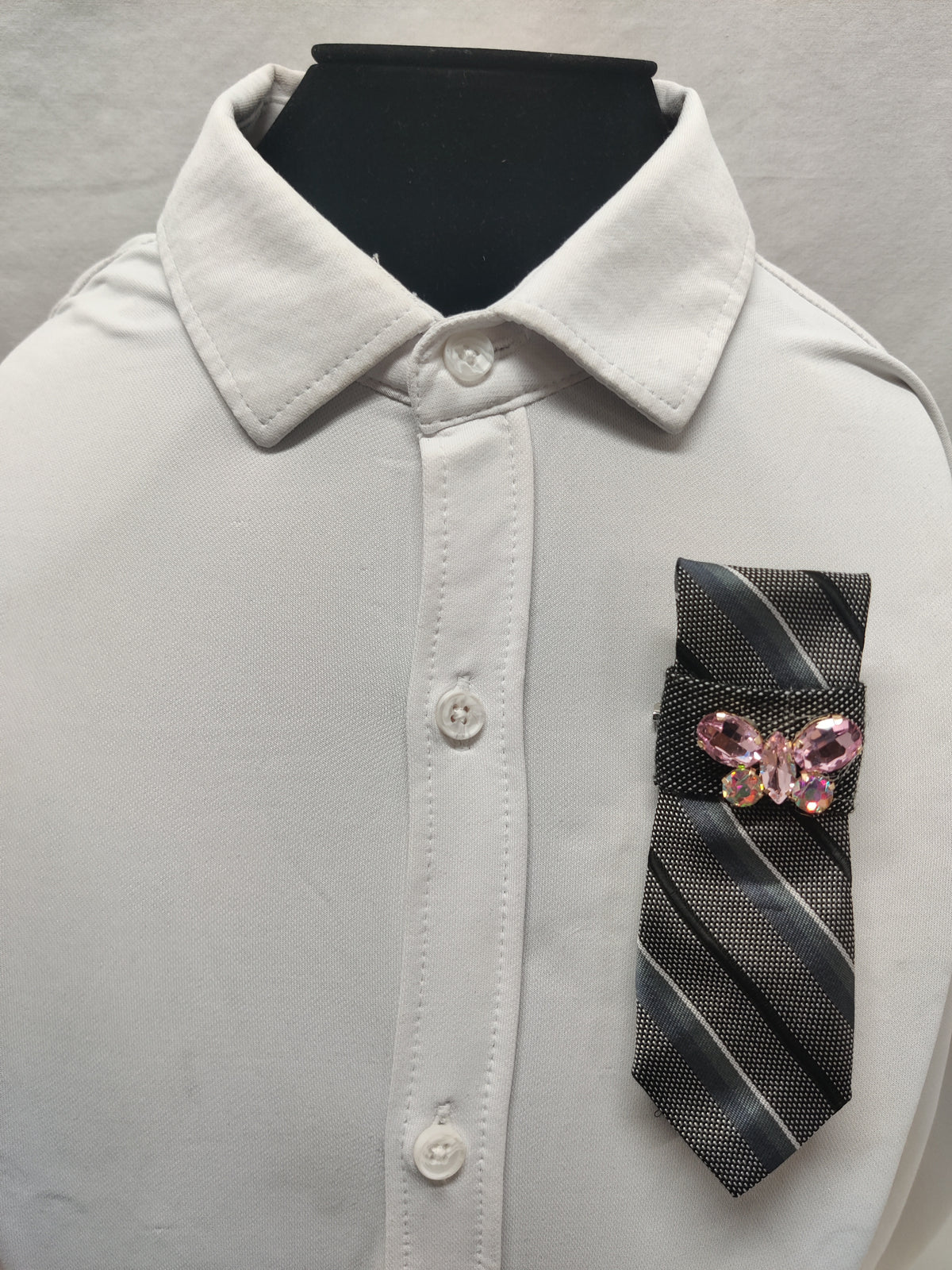 Handmade Women's Jabot Neck Tie Gray Striped Pink Butterfly Brooch