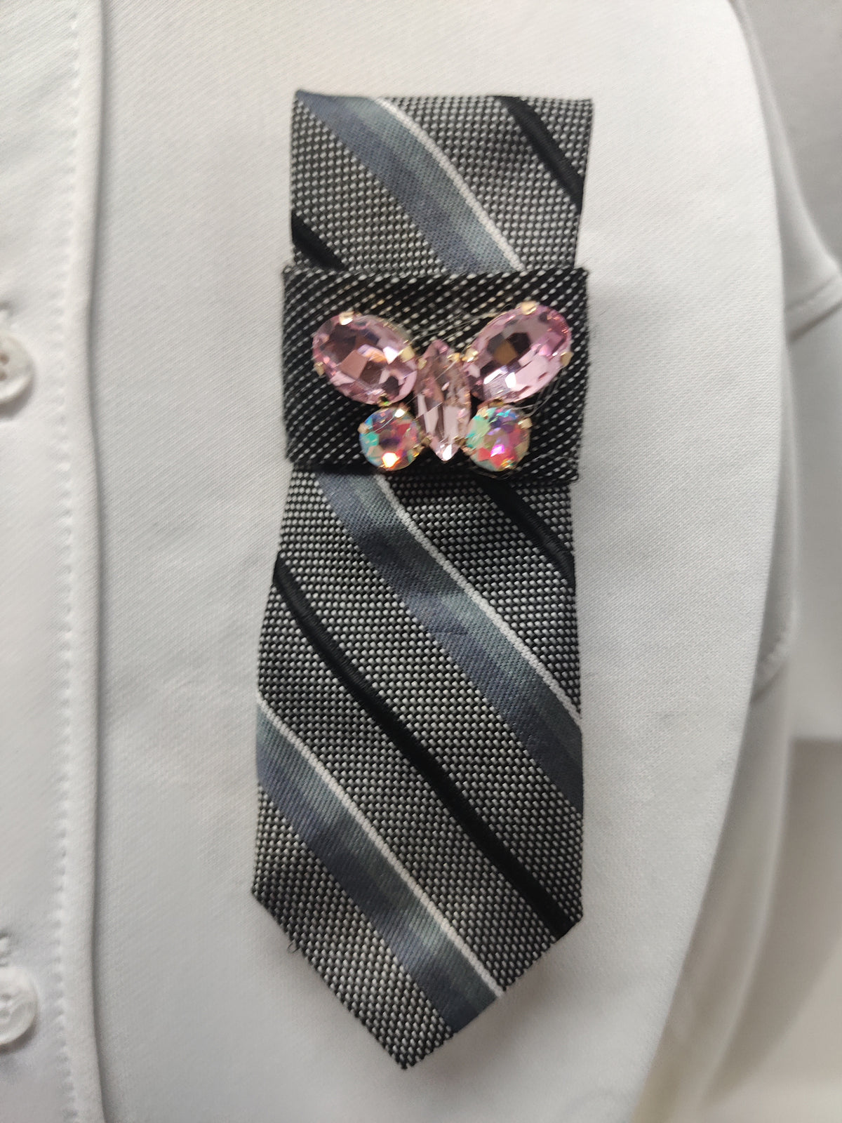 Handmade Women's Jabot Neck Tie Gray Striped Pink Butterfly Brooch