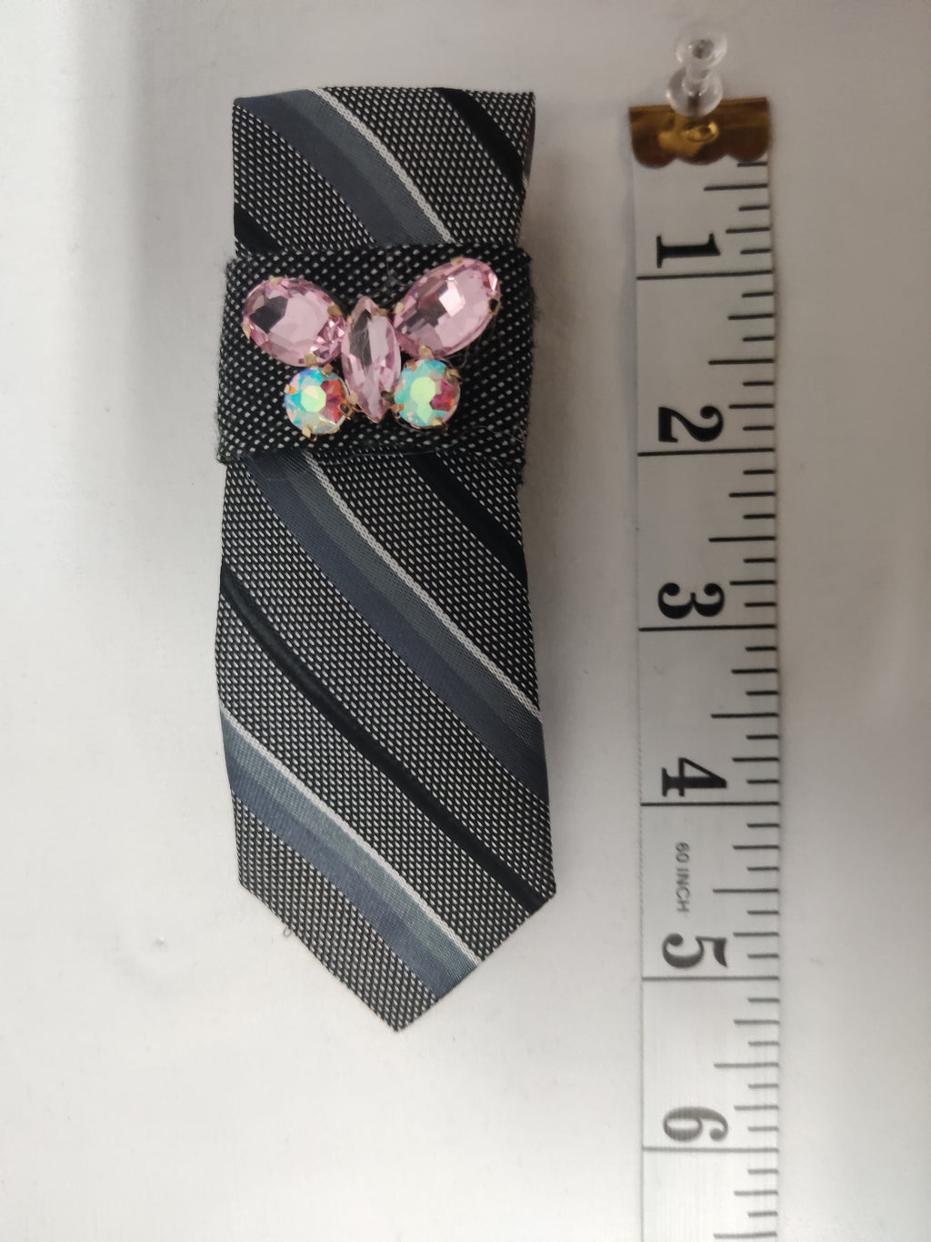 Handmade Women's Jabot Neck Tie Gray Striped Pink Butterfly Brooch