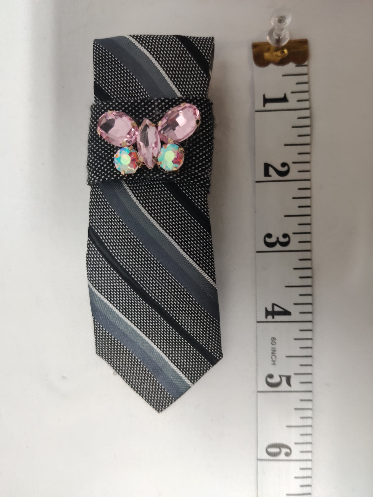 Handmade Women's Jabot Neck Tie Gray Striped Pink Butterfly Brooch