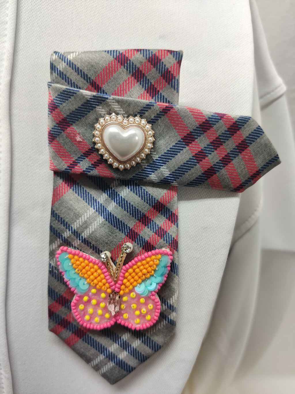 Handmade Women's Jabot Neck Tie Plaid Heart Pearl Butterfly Beaded