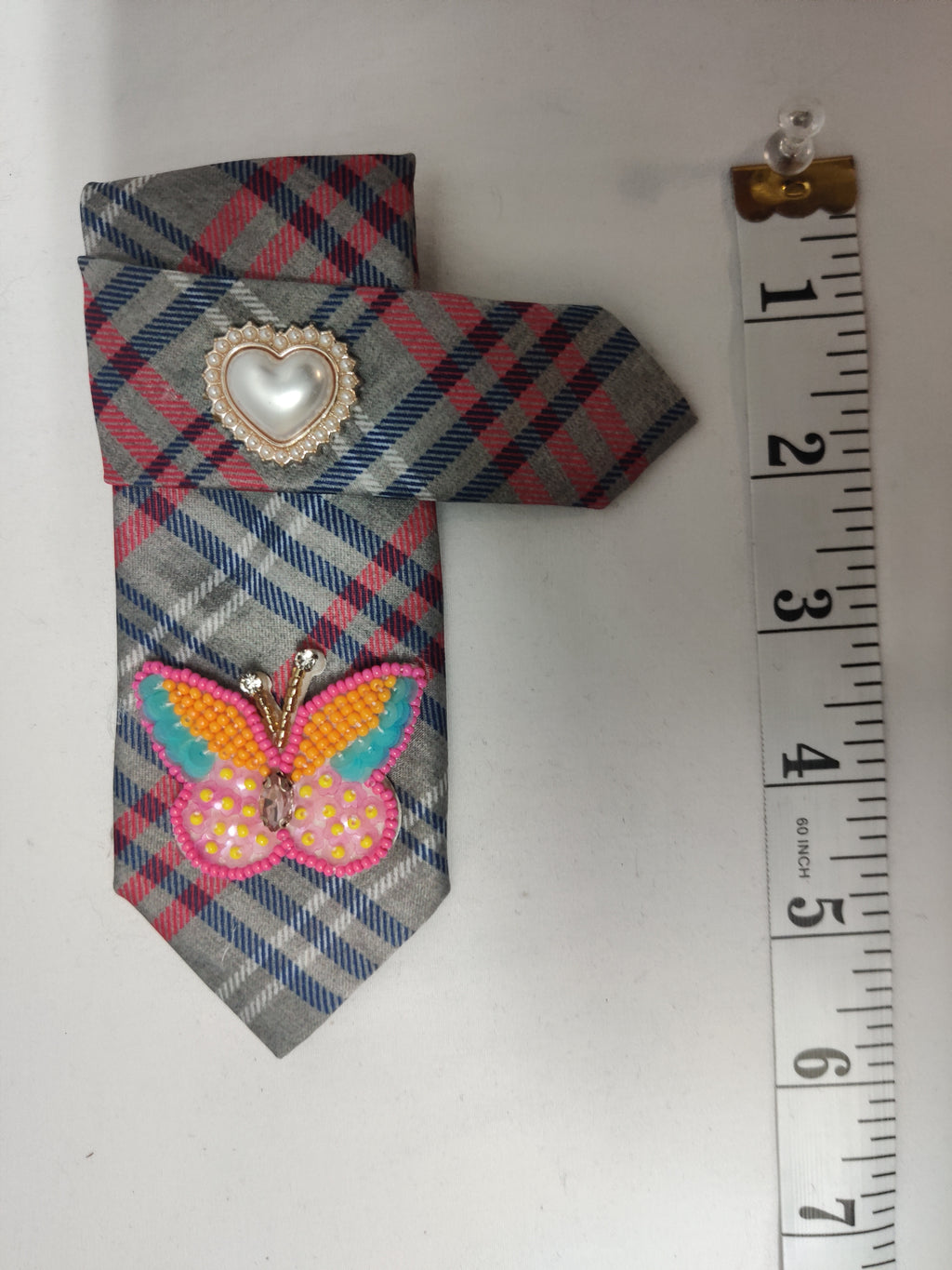 Handmade Women's Jabot Neck Tie Plaid Heart Pearl Butterfly Beaded