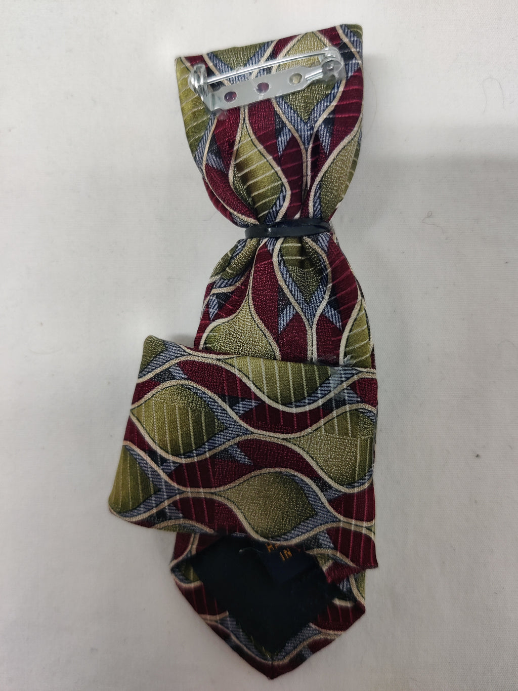 Handmade Burgundy & Olive Tie Brooch - Large Crystal & Aqua Rhinestone Lapel Pin