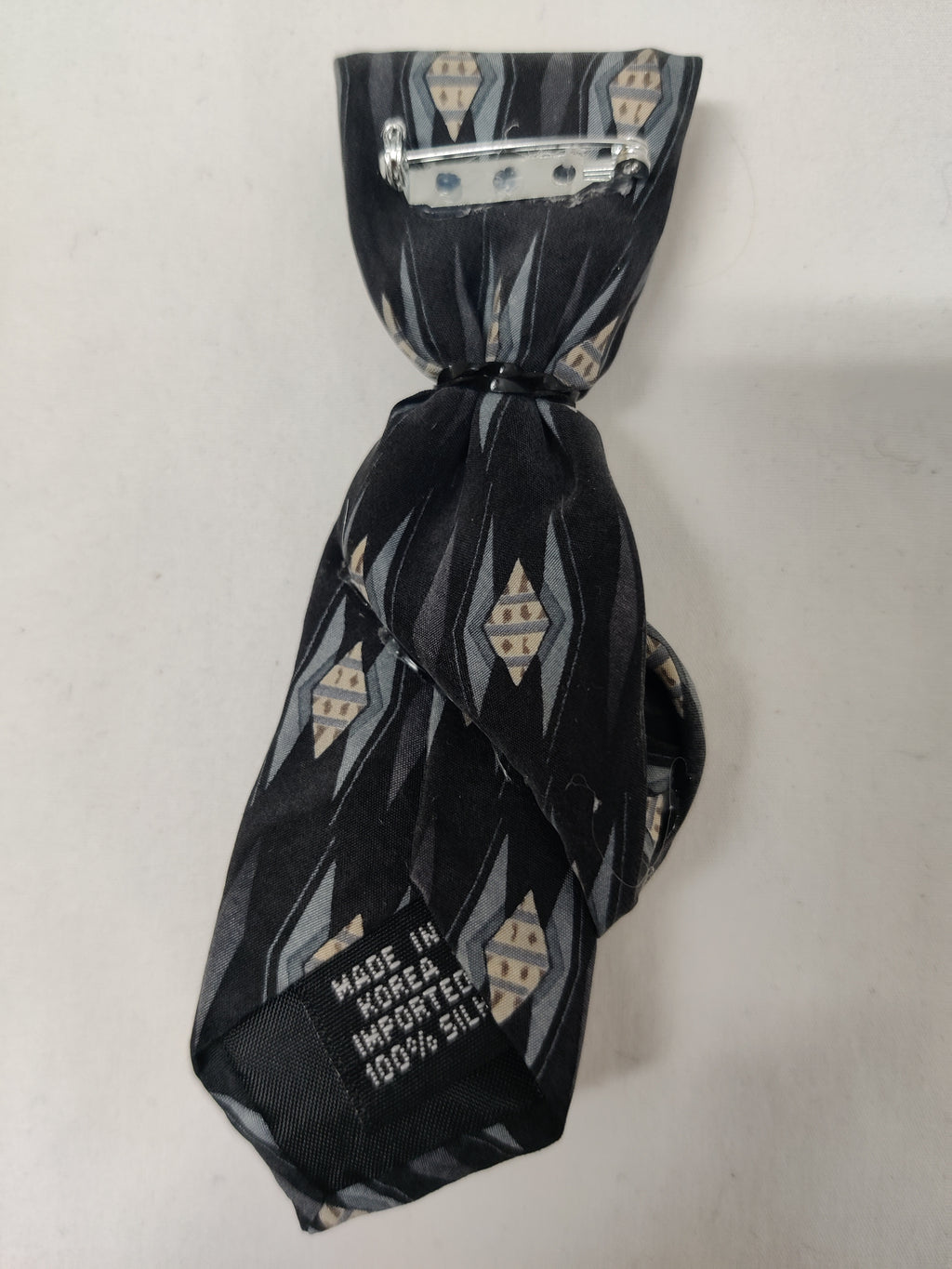 Handmade Black Geometric Tie Brooch - Large Clear Crystal & Rhinestone Lapel Pin