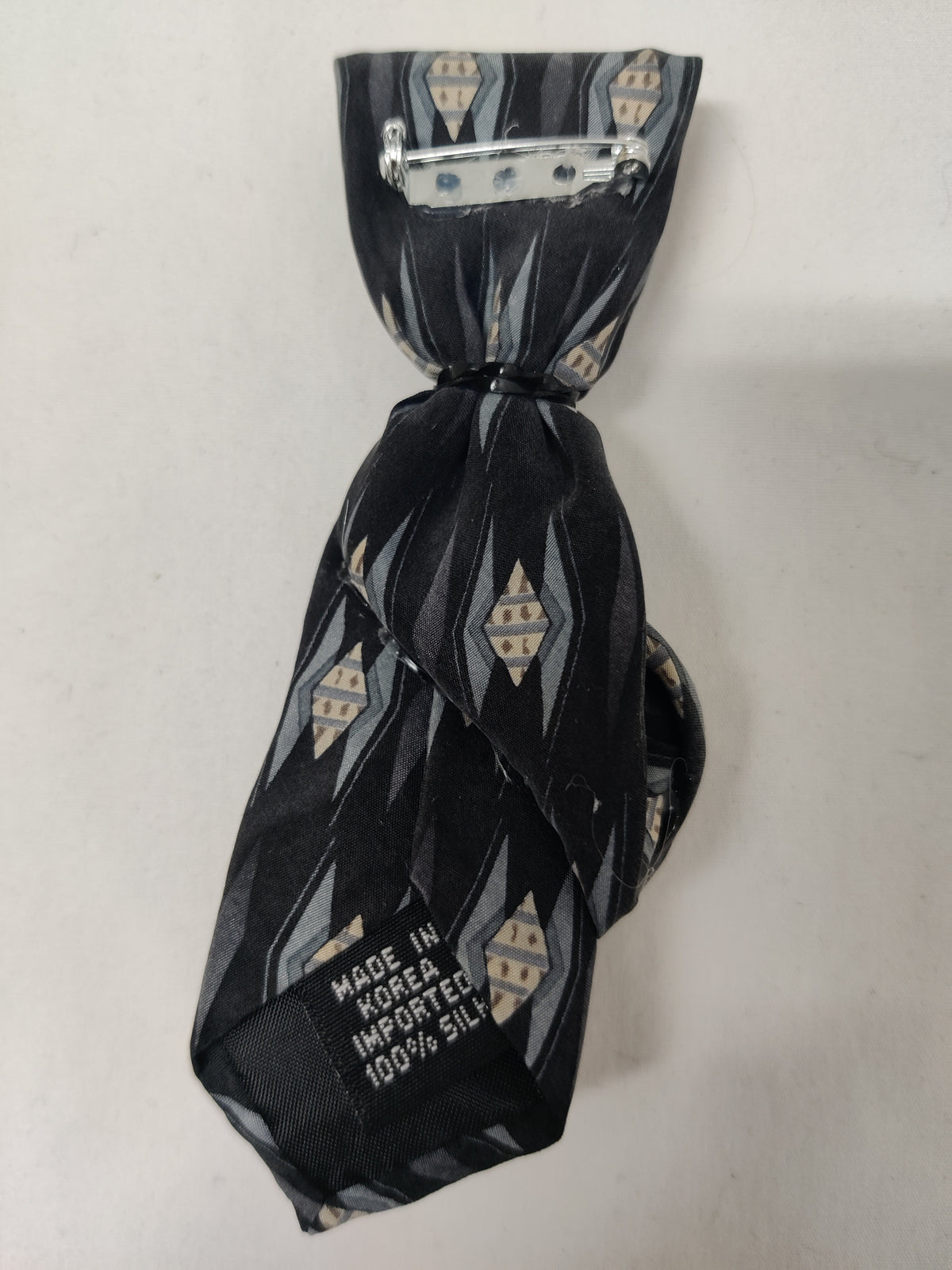 Handmade Black Geometric Tie Brooch - Large Clear Crystal & Rhinestone Lapel Pin